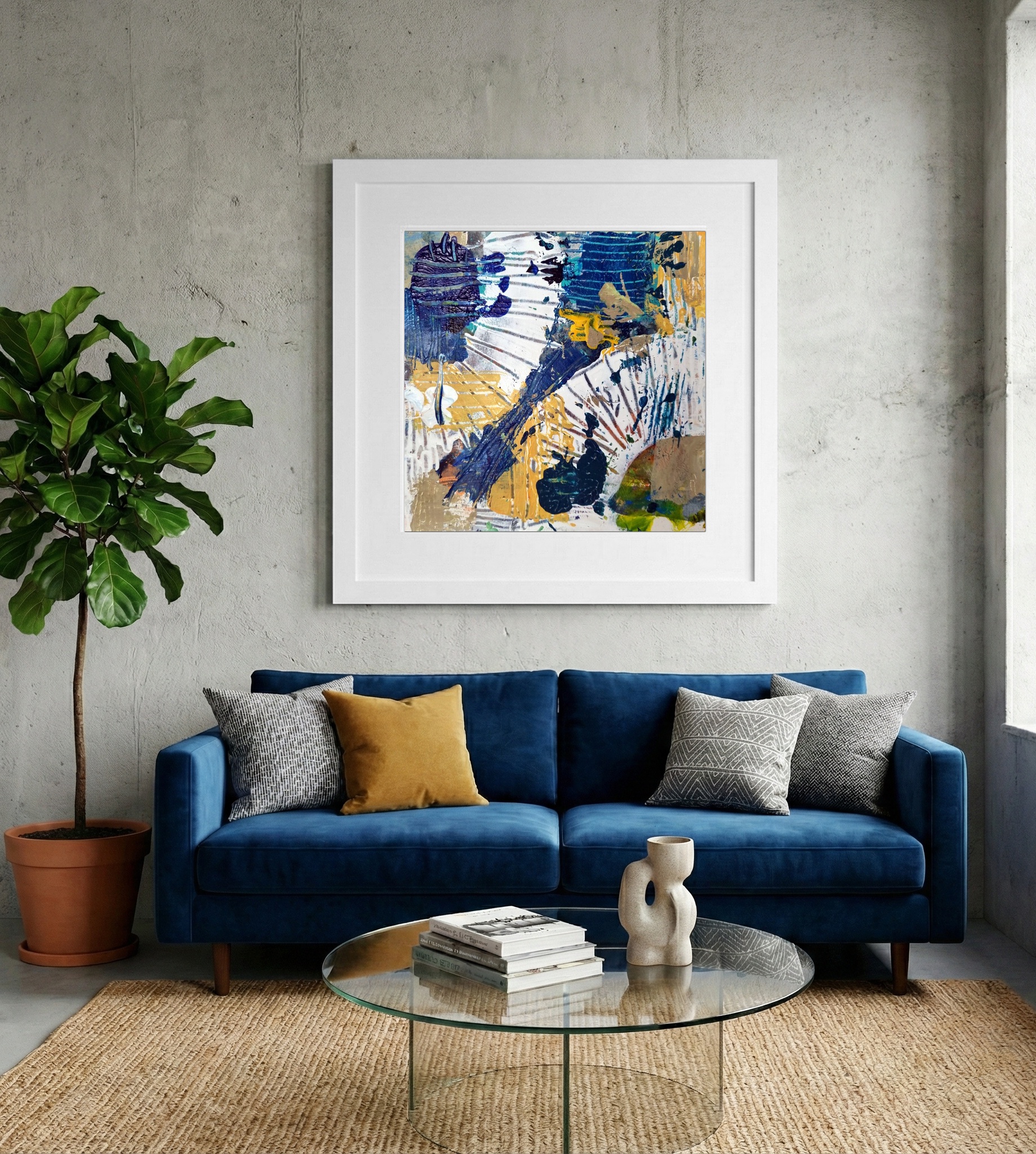 Navy and Sunny Yellow Abstract on Paper — art on the wall, room interior preview 2