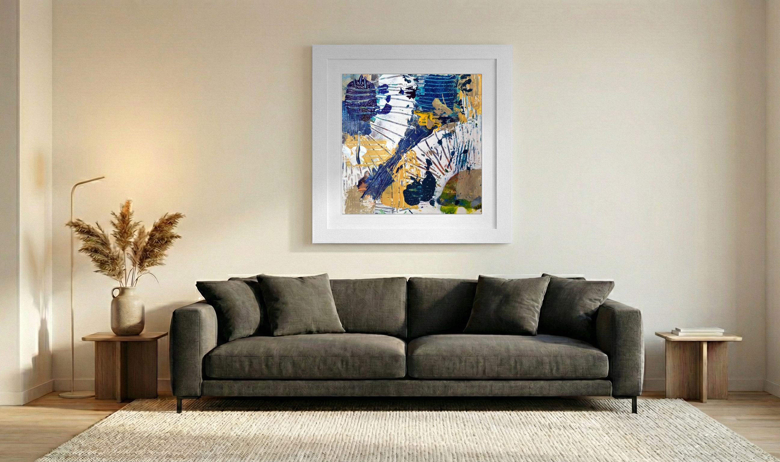 Navy and Sunny Yellow Abstract on Paper — art on the wall, room interior preview 3