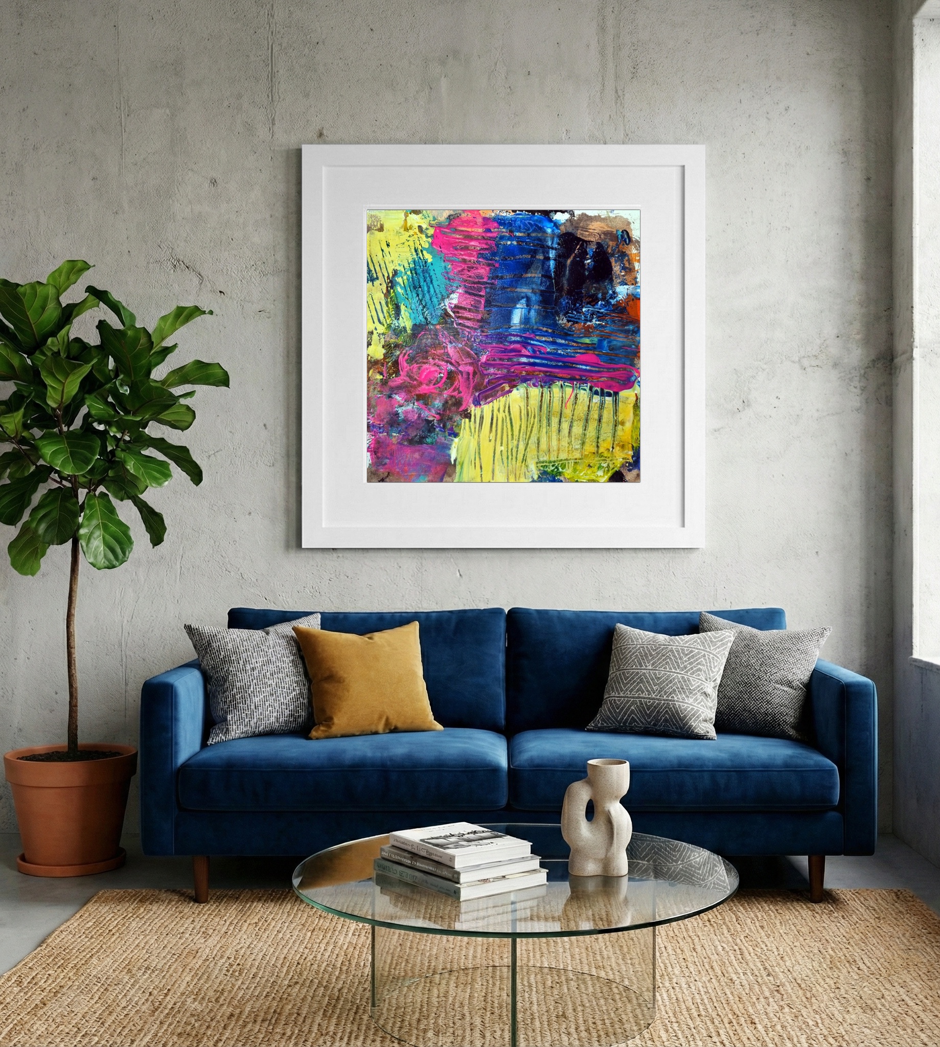 Vivid Pink and Yellow Acrylic Abstraction — art on the wall, room interior preview 2