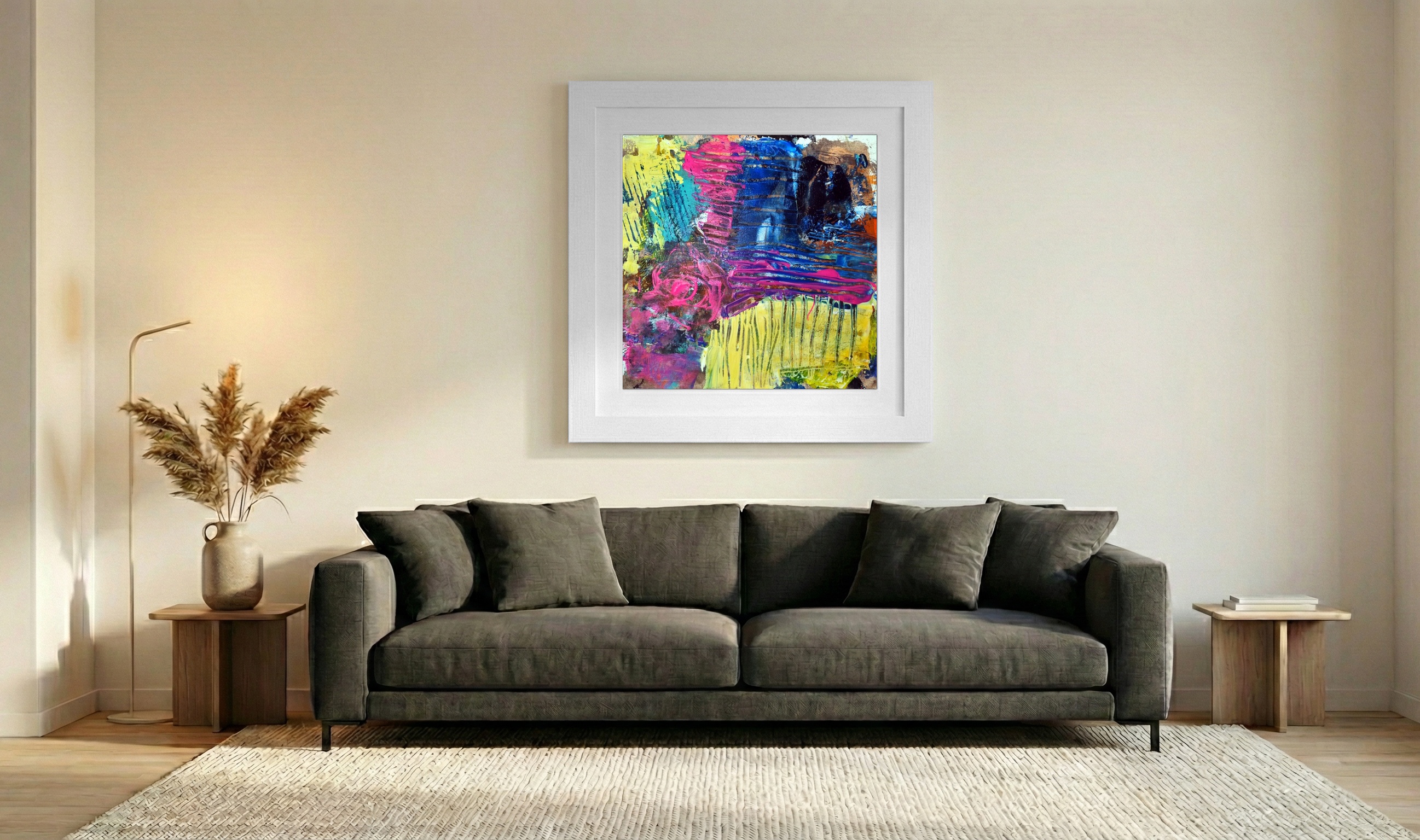 Vivid Pink and Yellow Acrylic Abstraction — art on the wall, room interior preview 3