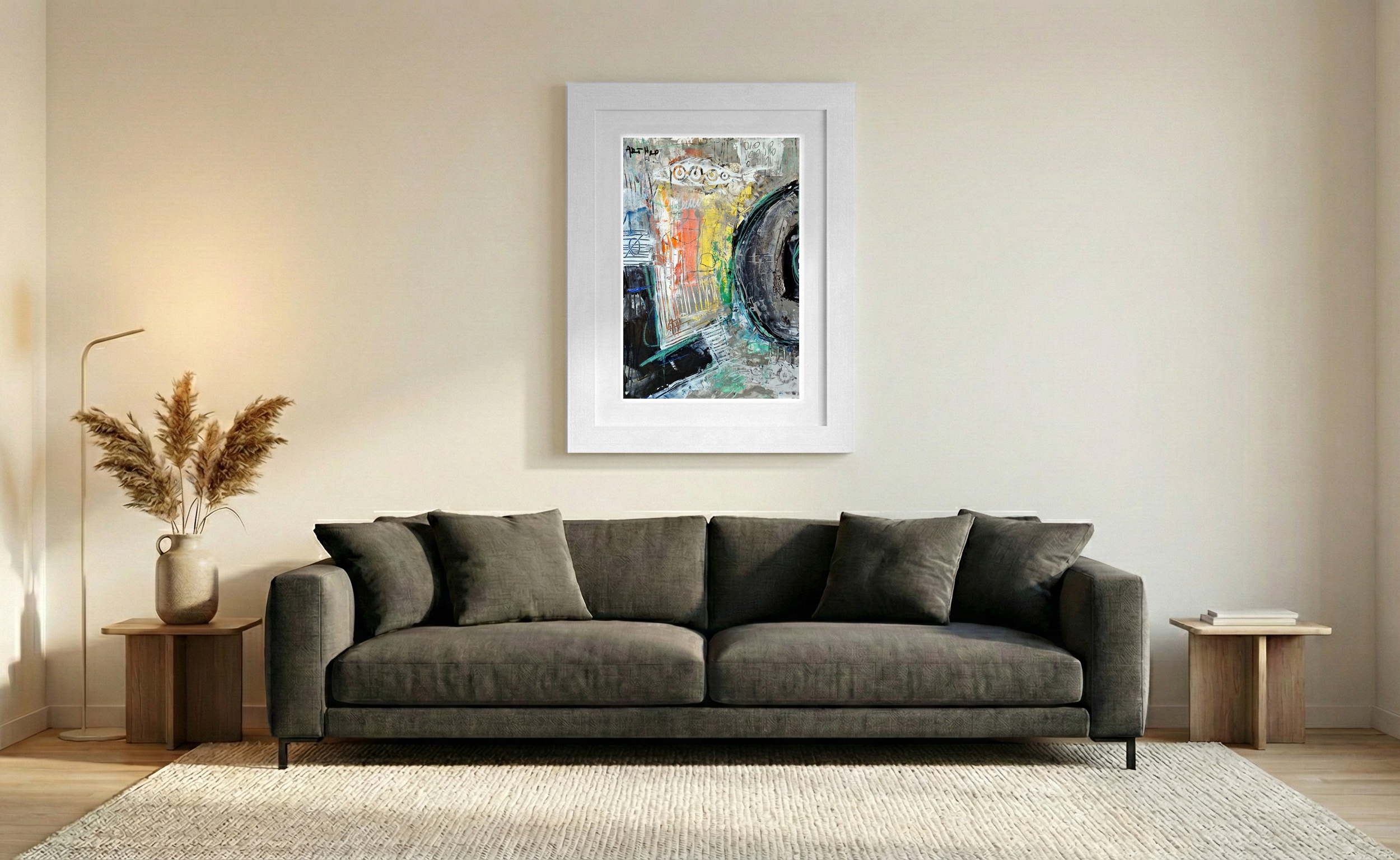 Vibrant Yellow Abstract Acrylic on Paper — art on the wall, room interior preview 1
