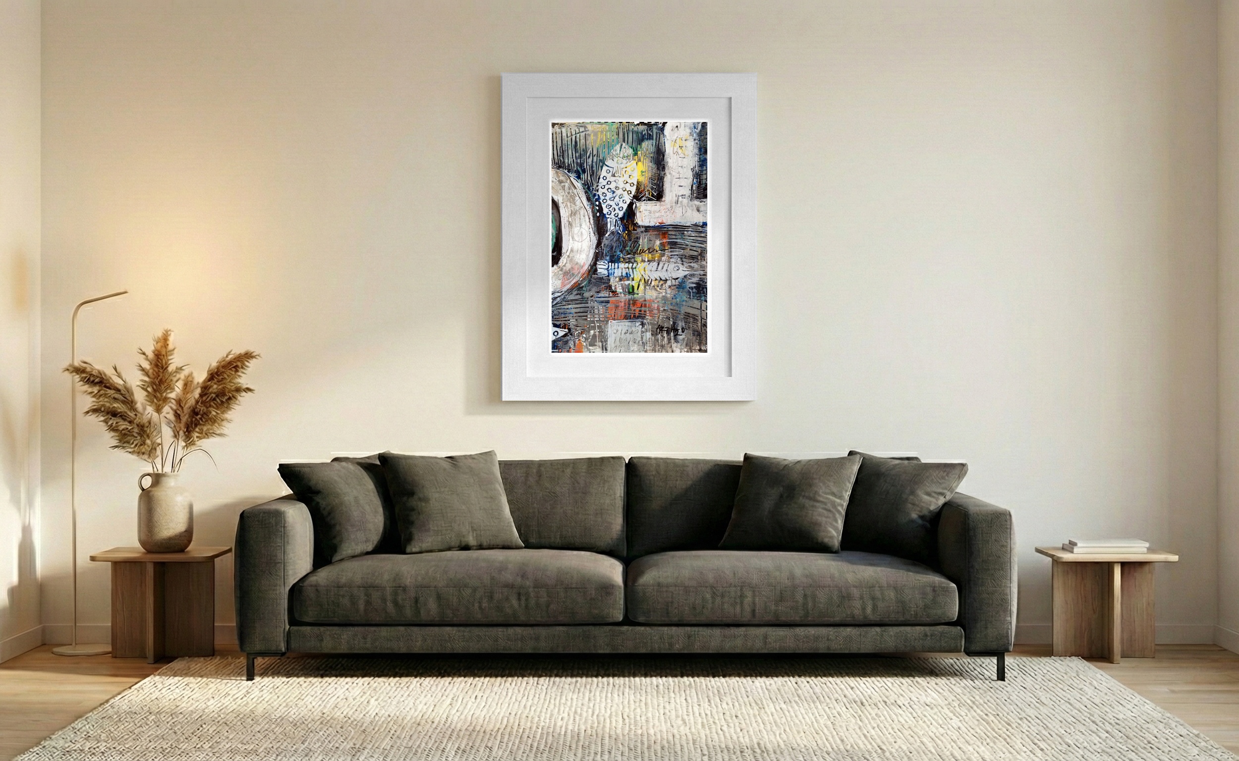 White and Yellow Abstract with Fish Forms — art on the wall, room interior preview 1