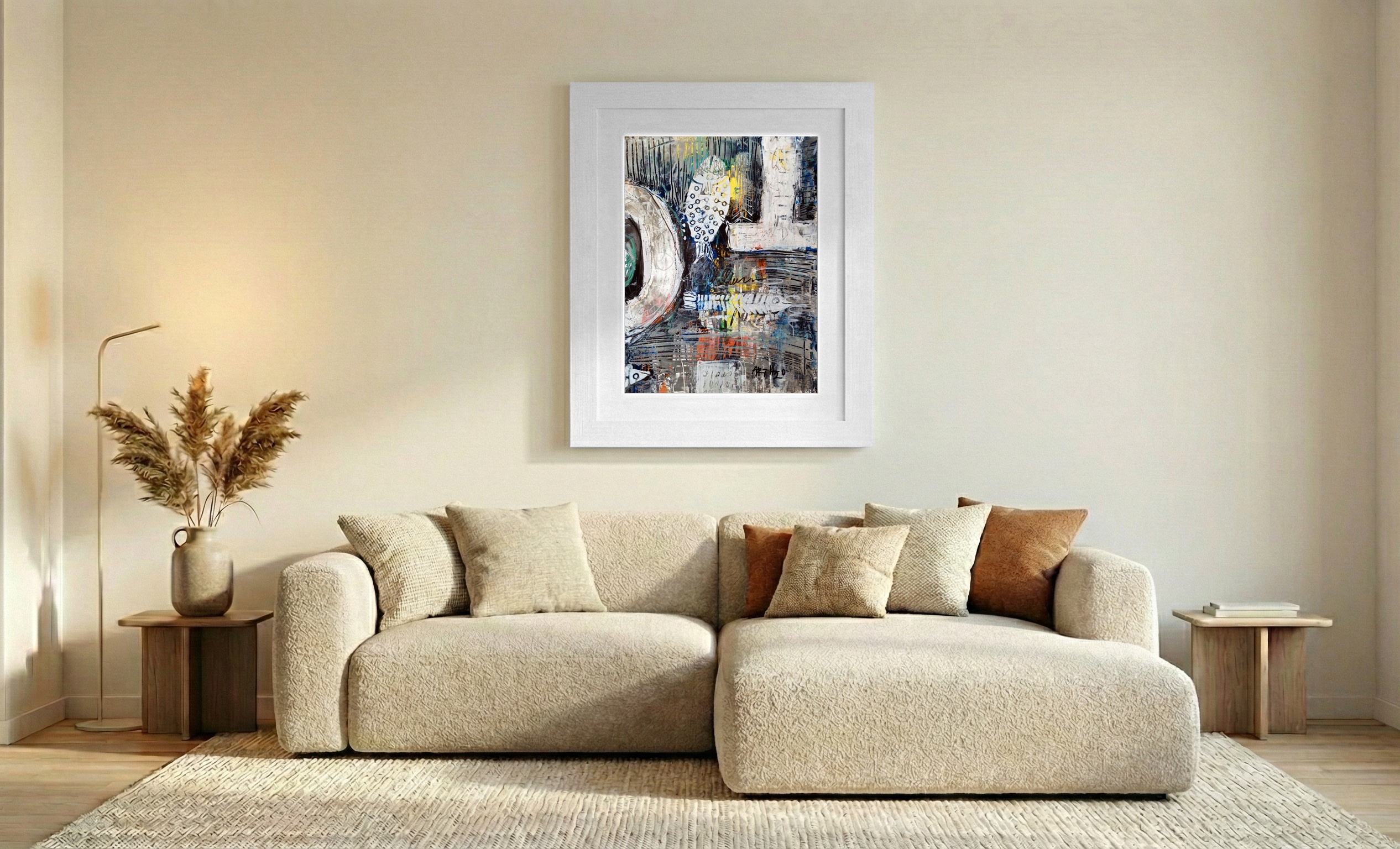 White and Yellow Abstract with Fish Forms — art on the wall, room interior preview 2