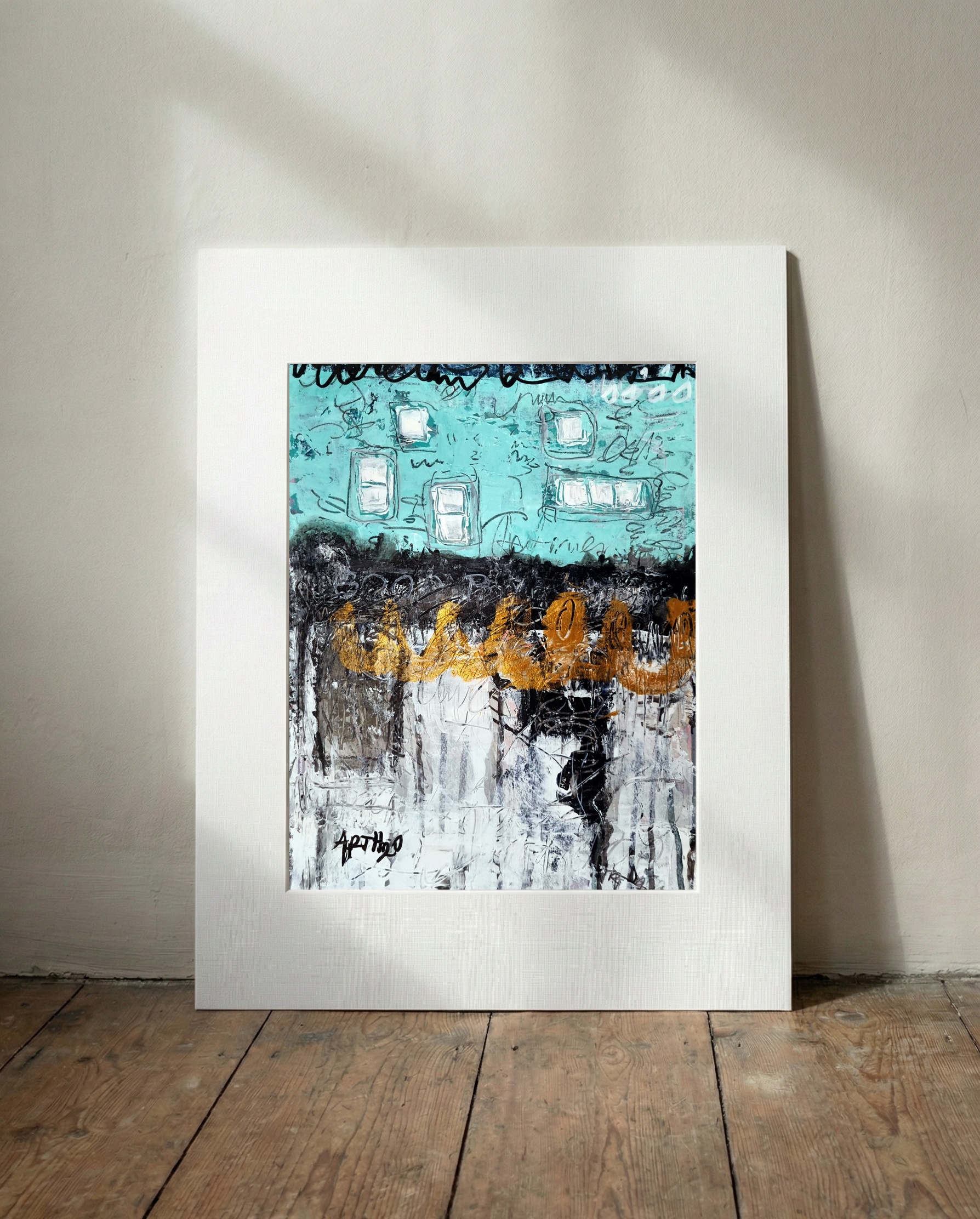 Aqua and Gold Abstract on Paper — art on the wall, room interior preview 2