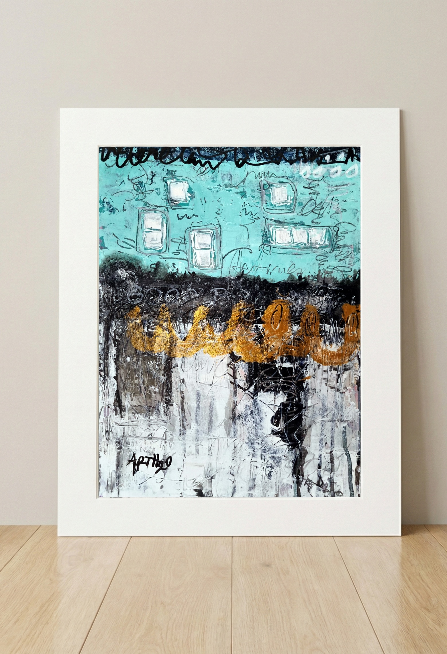 Aqua and Gold Abstract on Paper — art on the wall, room interior preview 3