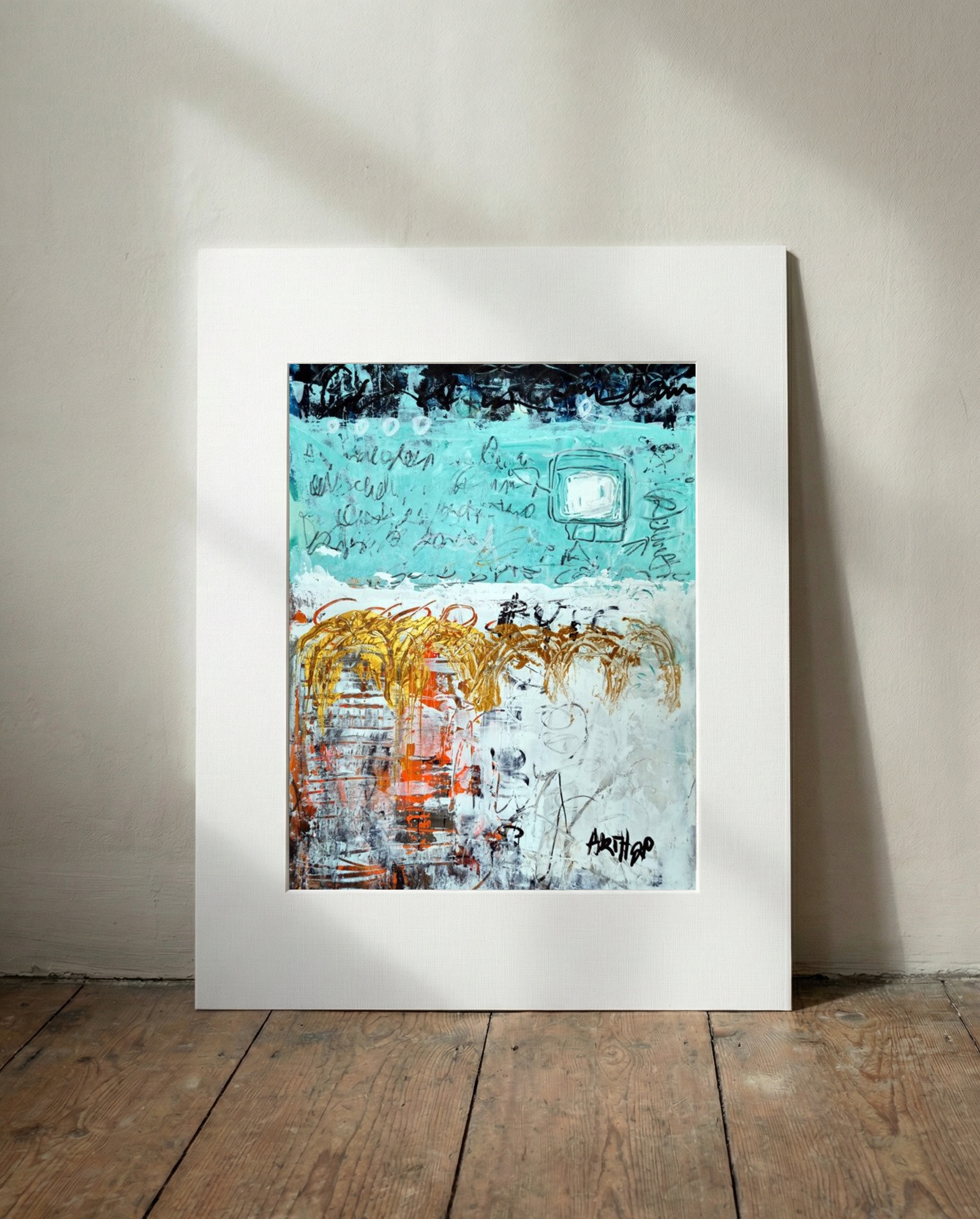 Turquoise and Gold Acrylic on Paper — art on the wall, room interior preview 2