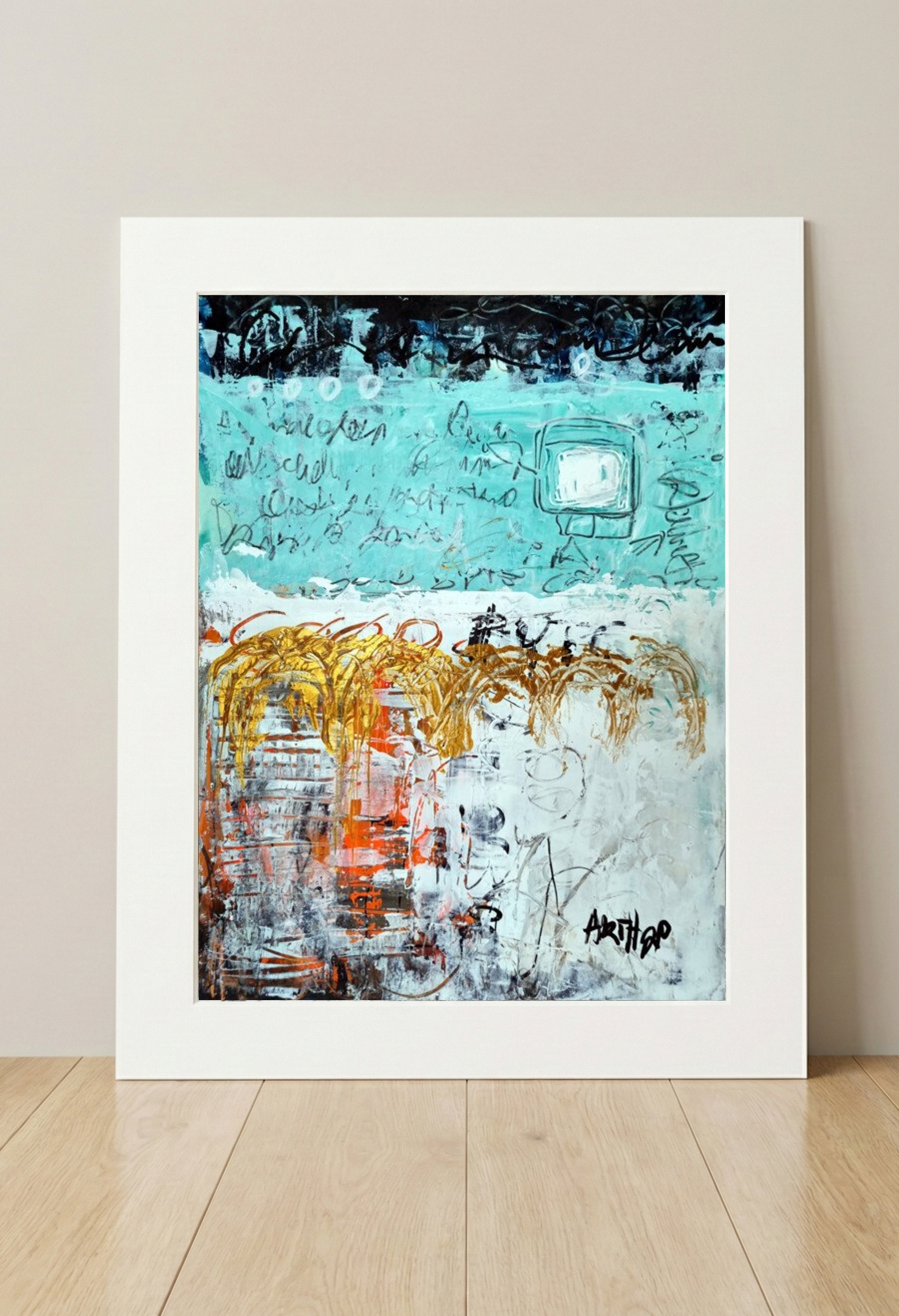 Turquoise and Gold Acrylic on Paper — art on the wall, room interior preview 3