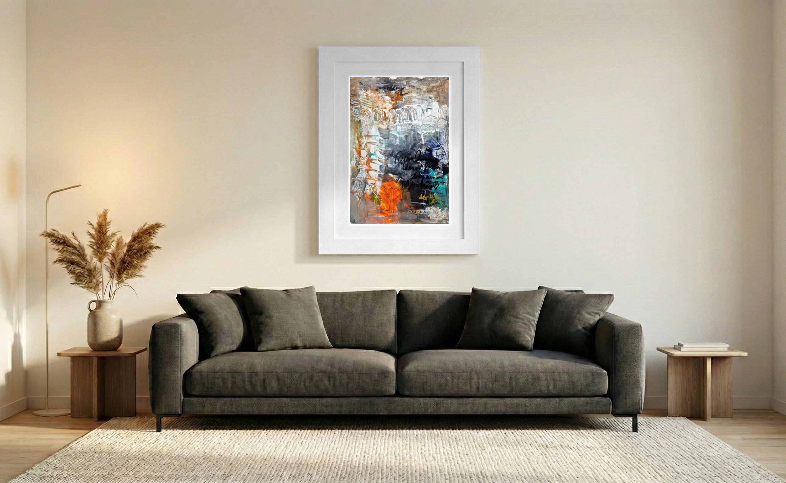 Orange and Grey Acrylic Abstract on Paper — art on the wall, room interior preview 1