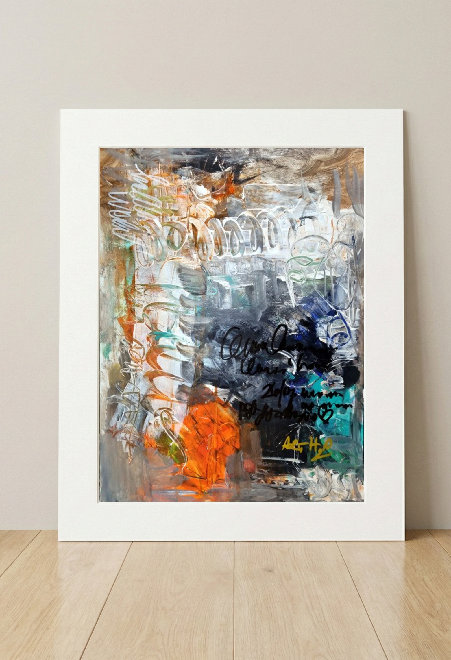 Orange and Grey Acrylic Abstract on Paper — art on the wall, room interior preview 3