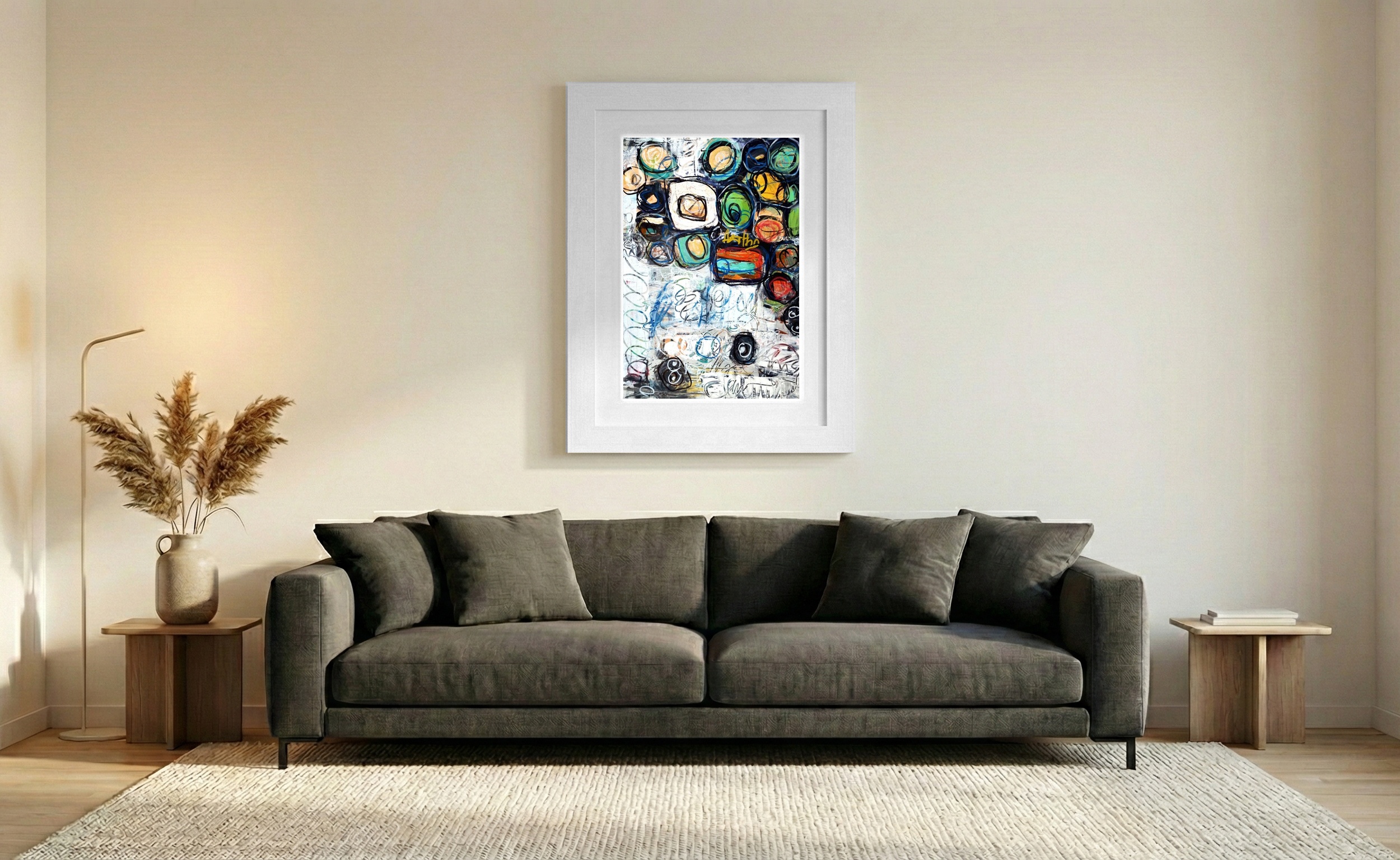 Emerald and Burnt Sienna Circular Composition — art on the wall, room interior preview 1