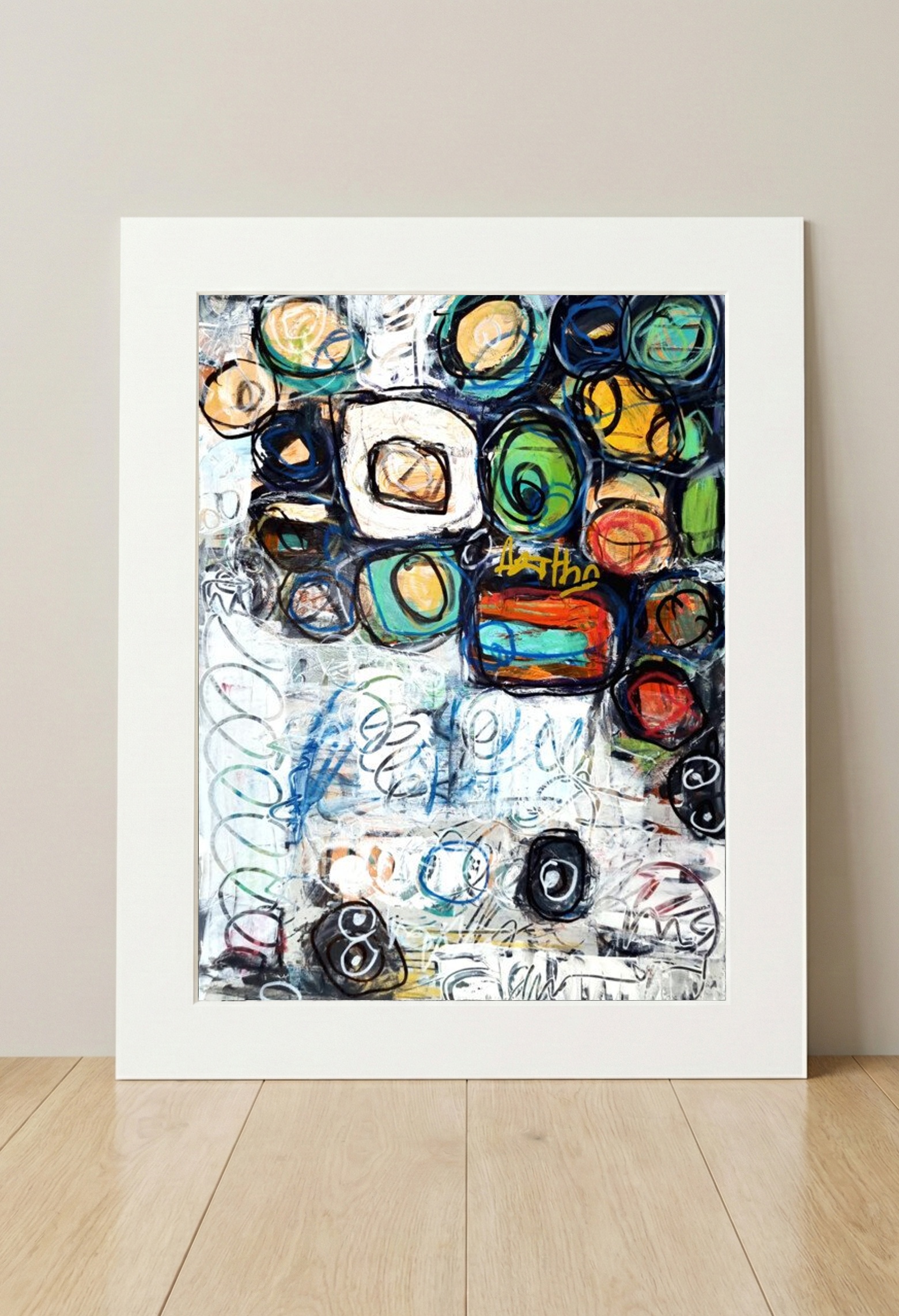 Emerald and Burnt Sienna Circular Composition — art on the wall, room interior preview 3