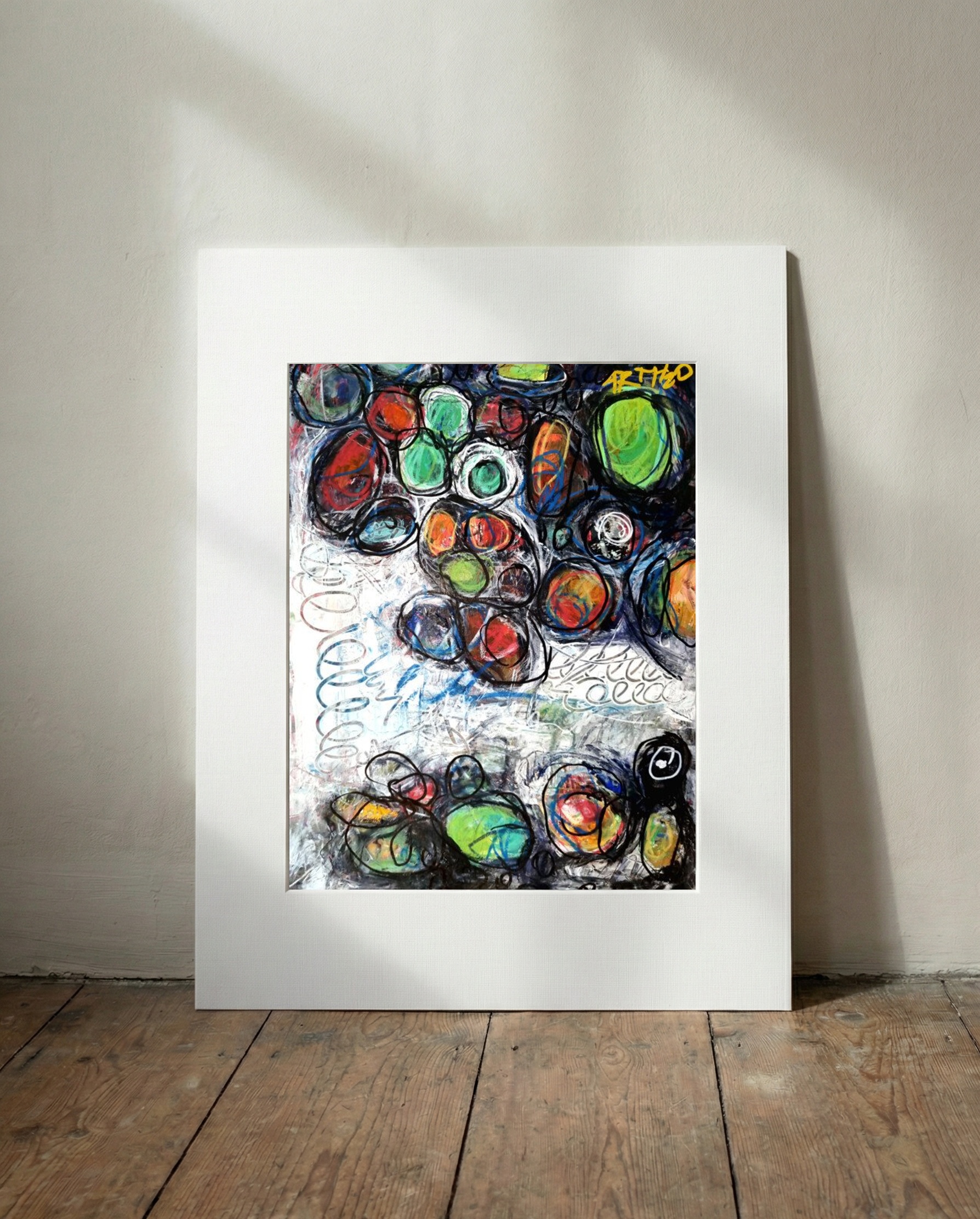 Emerald and Crimson Swirls on Paper — art on the wall, room interior preview 2