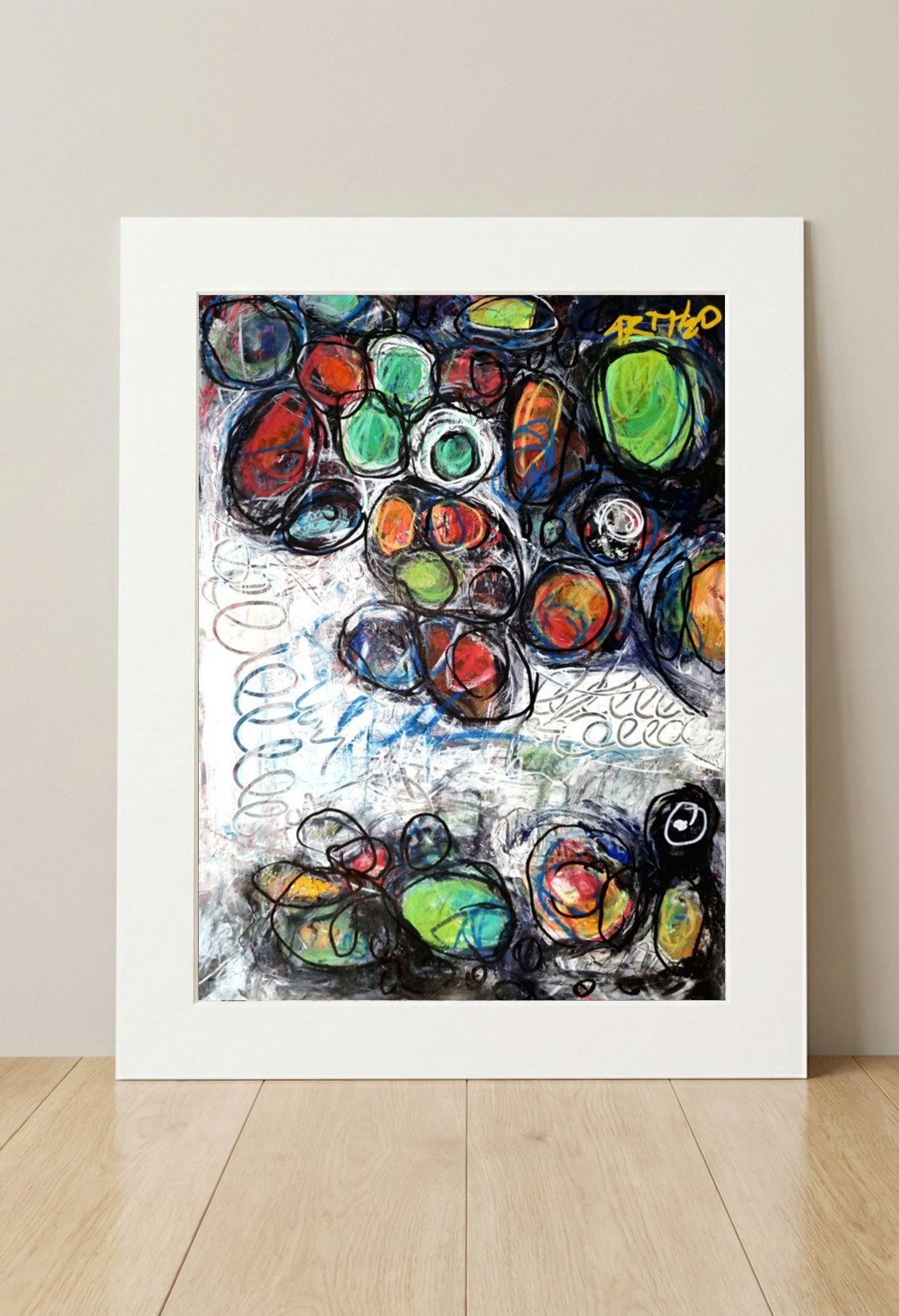 Emerald and Crimson Swirls on Paper — art on the wall, room interior preview 3