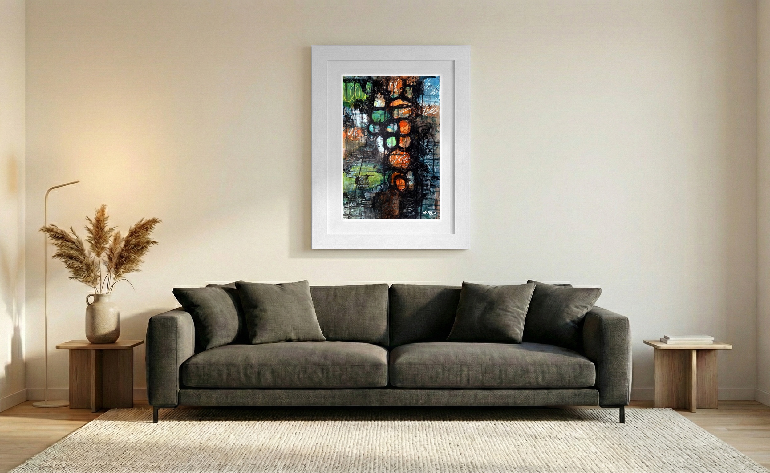 Emerald Green and Burnt Orange Abstract on Paper — art on the wall, room interior preview 1