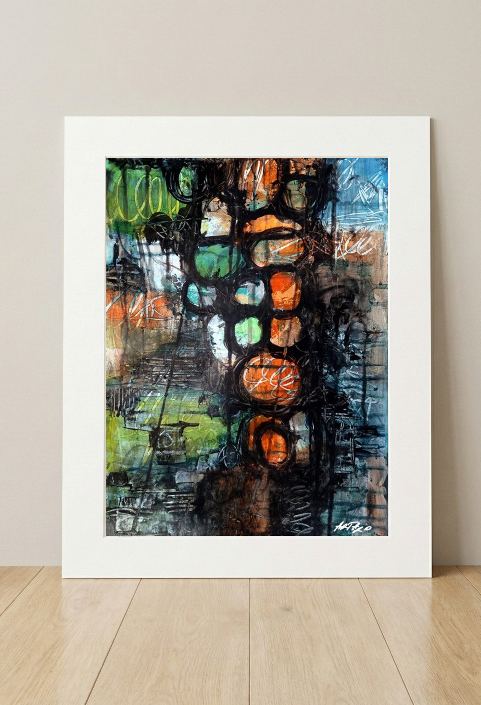 Emerald Green and Burnt Orange Abstract on Paper — art on the wall, room interior preview 3