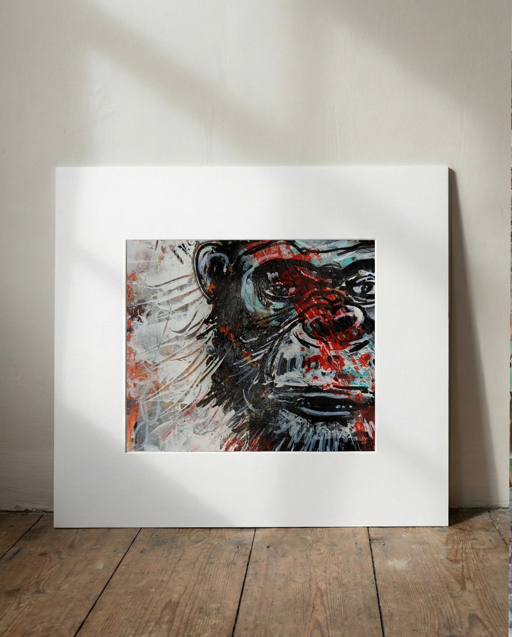 Energetic Acrylic Monkey Portrait — art on the wall, room interior preview 1