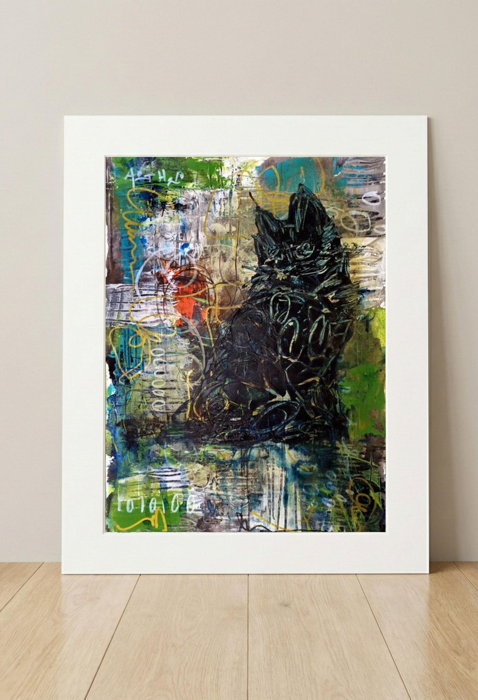 Black Cat with Green Accents on Paper — art on the wall, room interior preview 3