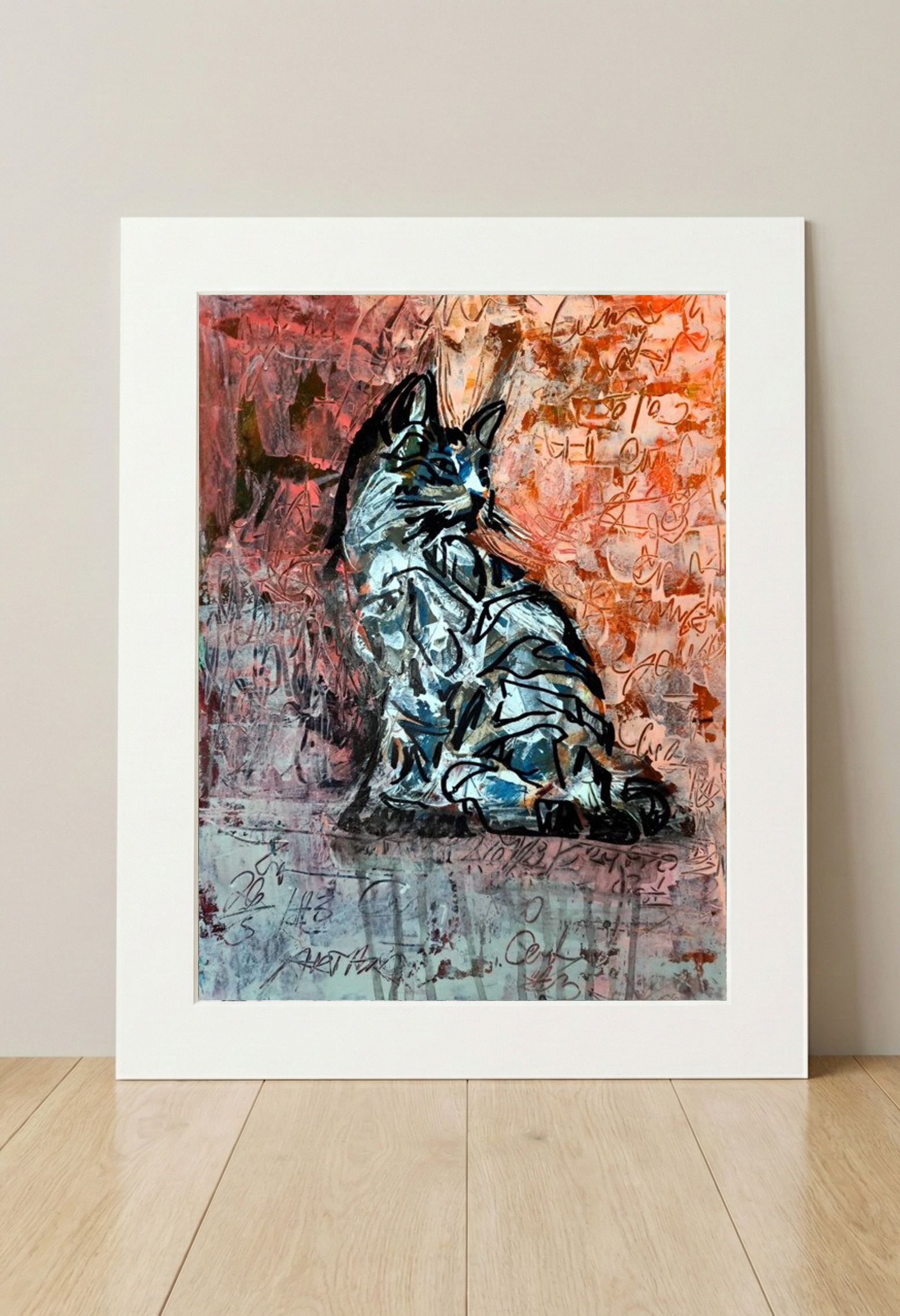 Deep Blue Abstract Cat on Paper — art on the wall, room interior preview 3
