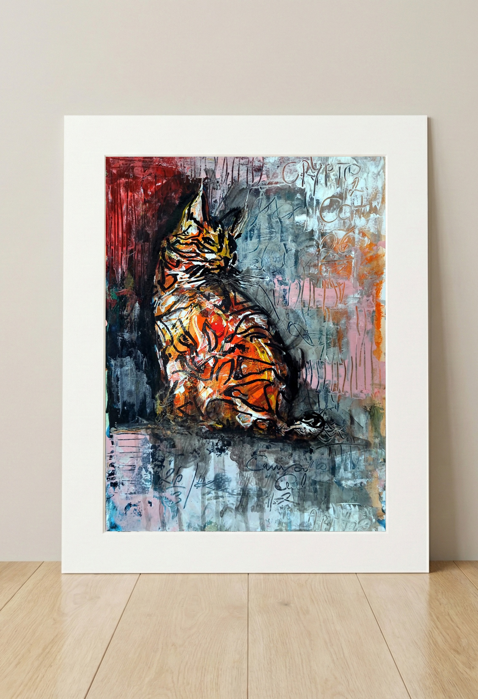 Burnt Orange Cat in Abstract Acrylic — art on the wall, room interior preview 3