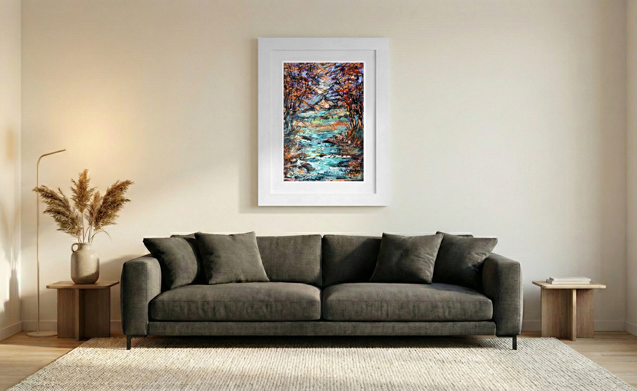 Teal and Orange Acrylic Landscape on Paper — art on the wall, room interior preview 1