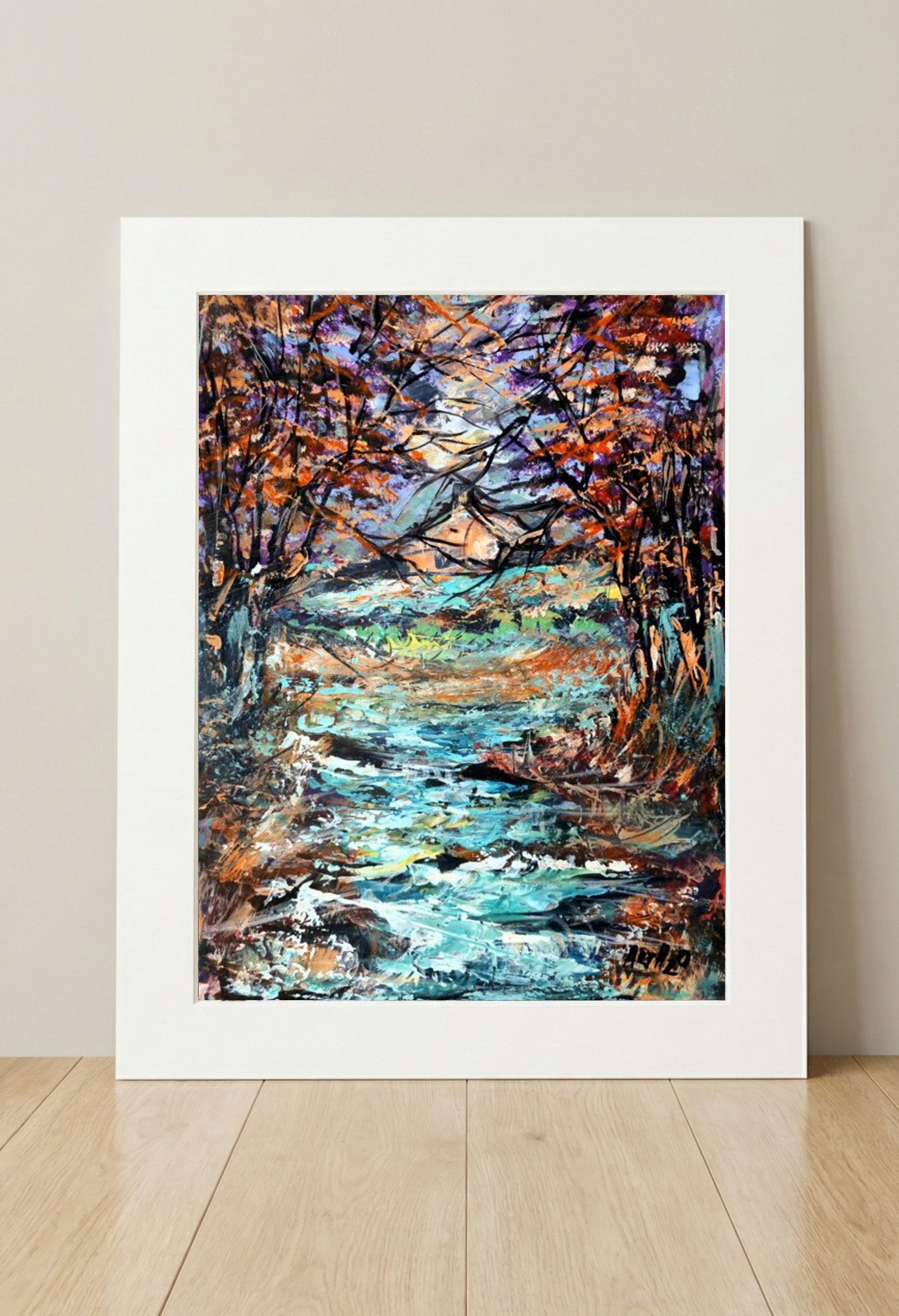 Teal and Orange Acrylic Landscape on Paper — art on the wall, room interior preview 3