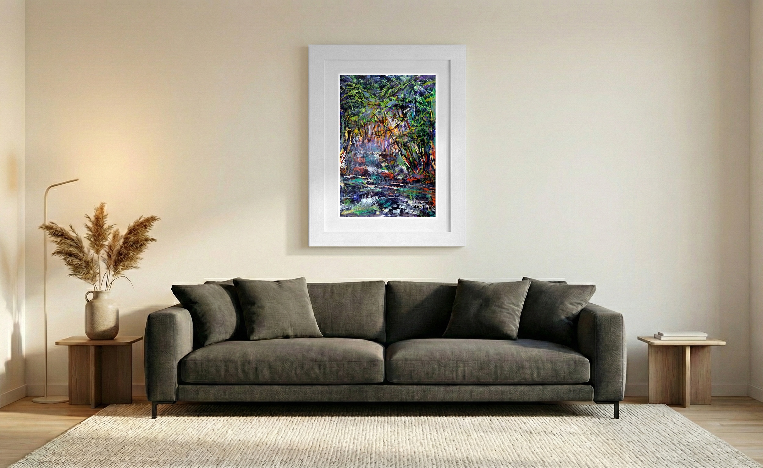 Emerald and Deep Blue Landscape on Paper — art on the wall, room interior preview 1
