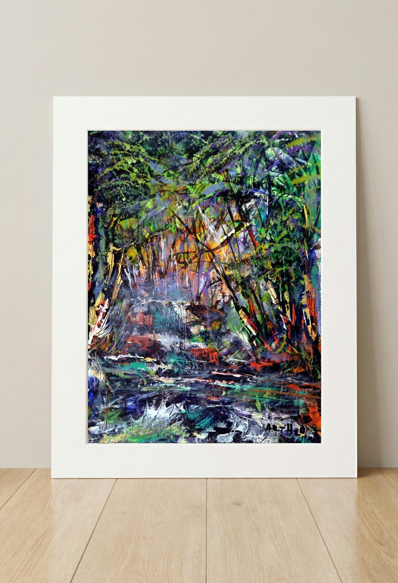 Emerald and Deep Blue Landscape on Paper — art on the wall, room interior preview 3