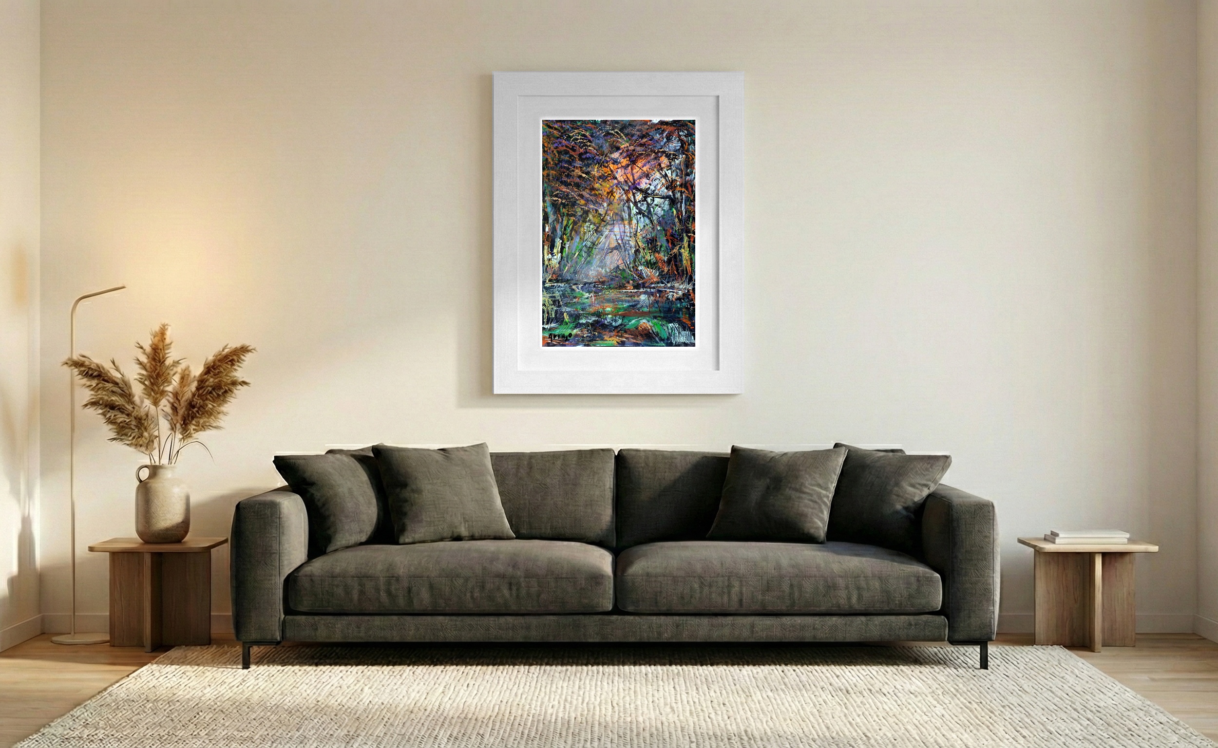 Lively Green and Orange Landscape on Paper — art on the wall, room interior preview 1