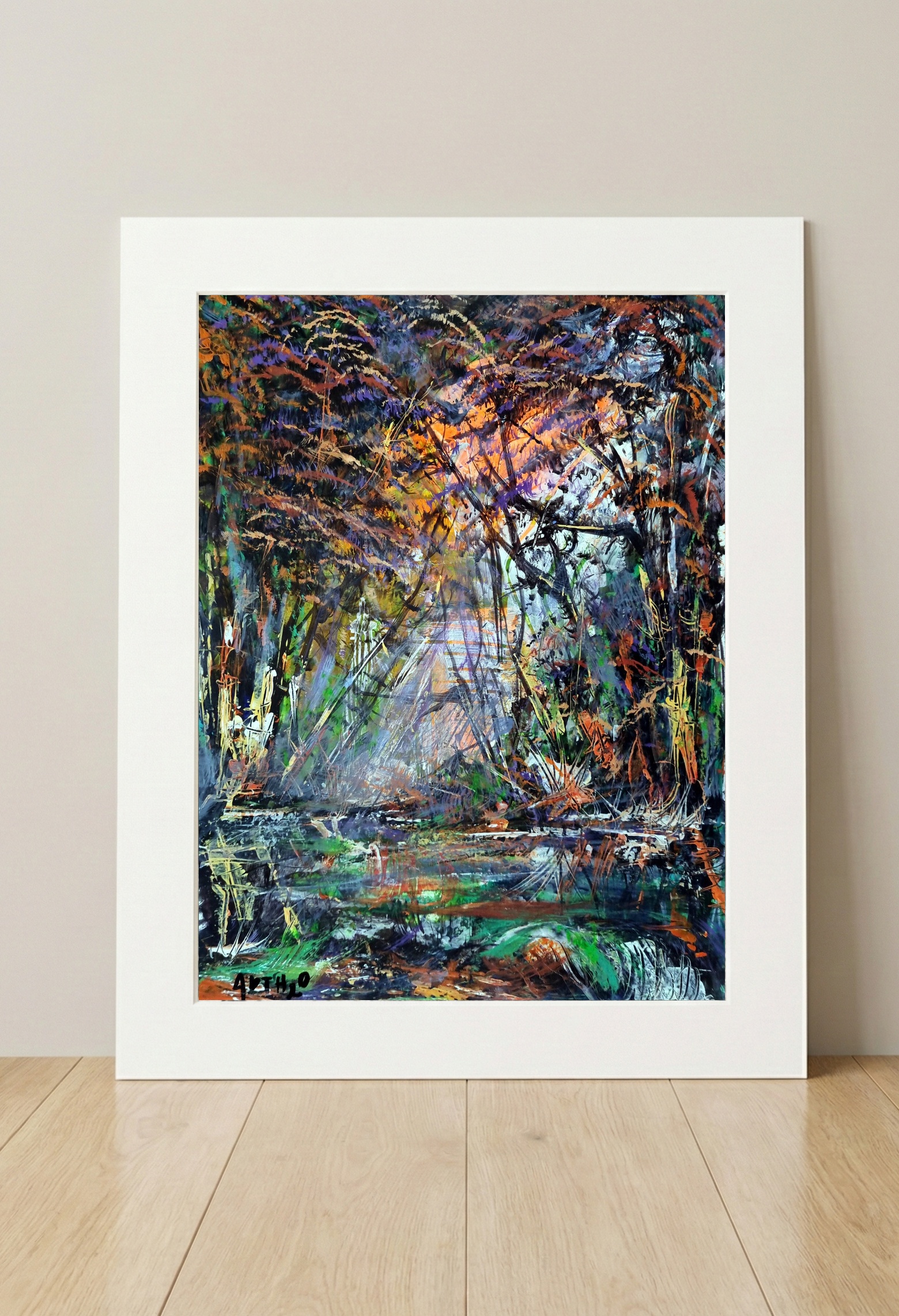 Lively Green and Orange Landscape on Paper — art on the wall, room interior preview 3