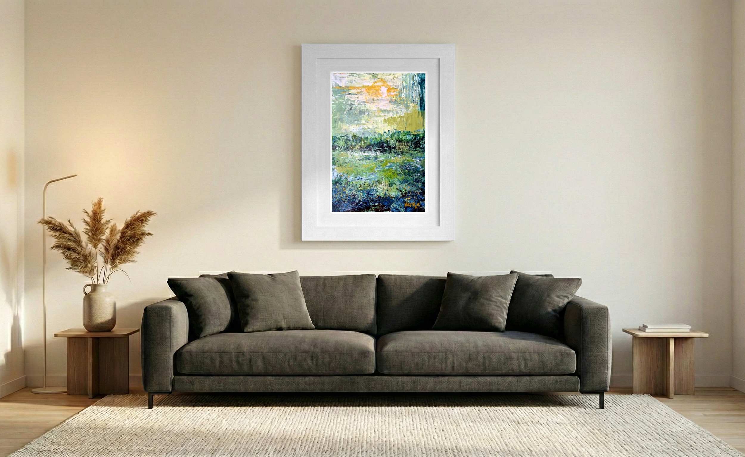 Golden and Green Landscape in Acrylic — art on the wall, room interior preview 2