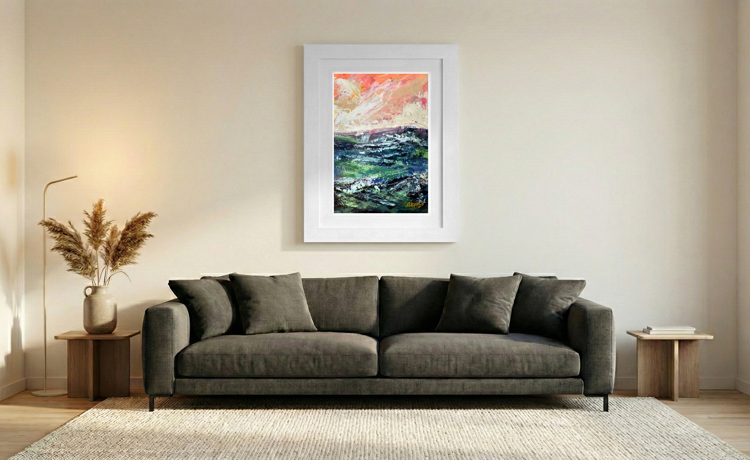 Coral and Deep Teal Abstract on Paper — art on the wall, room interior preview 1