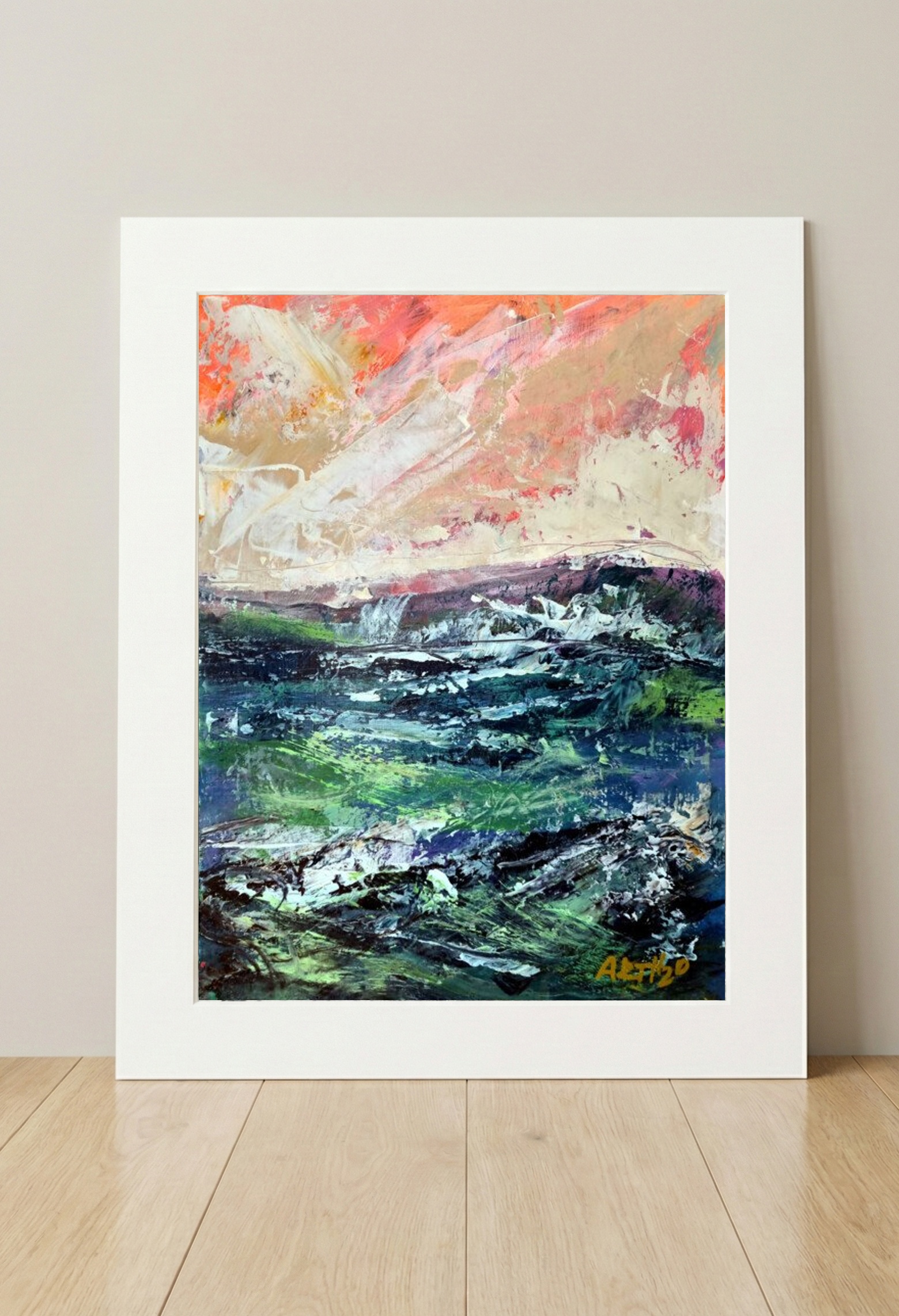 Coral and Deep Teal Abstract on Paper — art on the wall, room interior preview 3