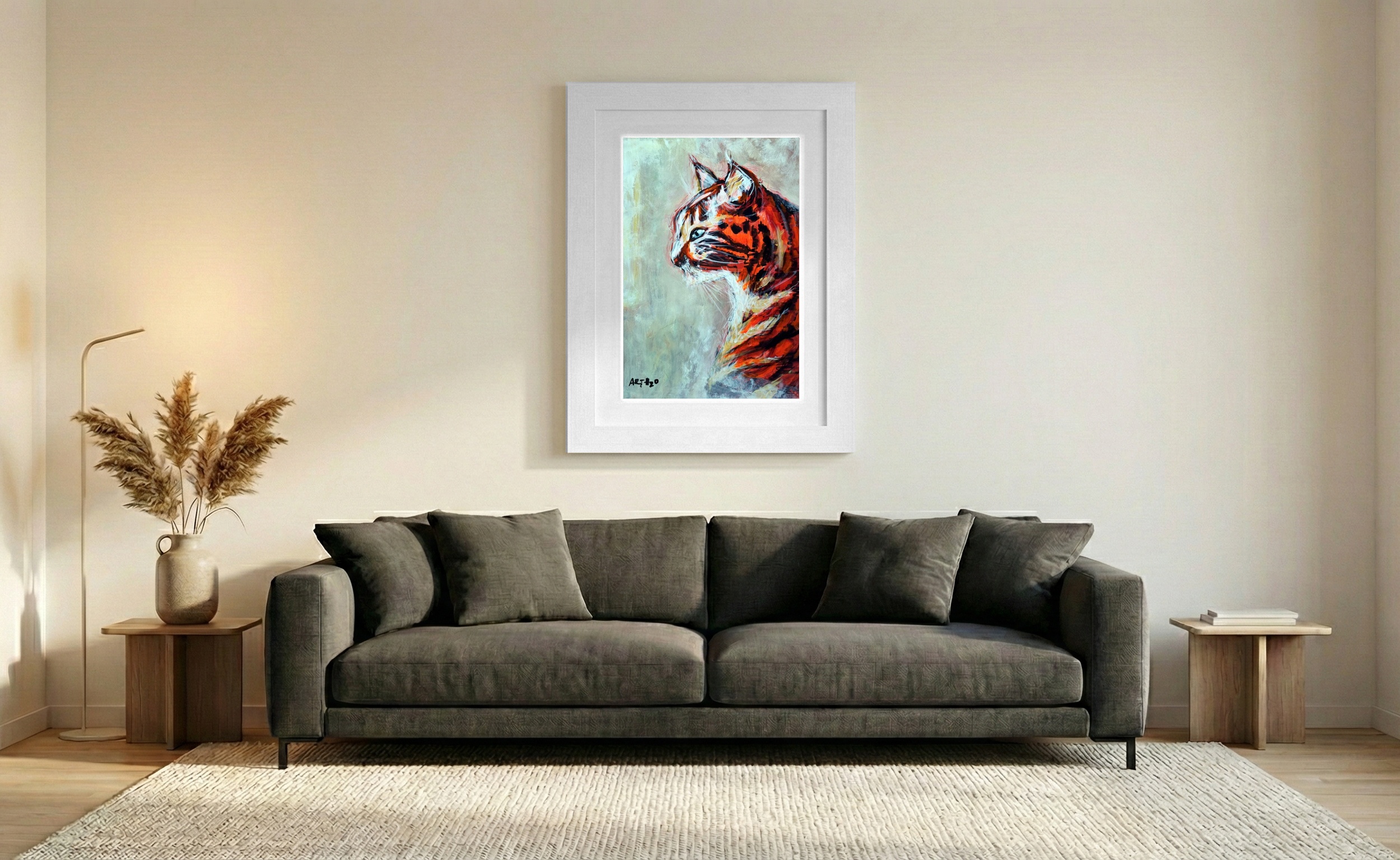 Burnt Orange Cat Portrait in Acrylic — art on the wall, room interior preview 1