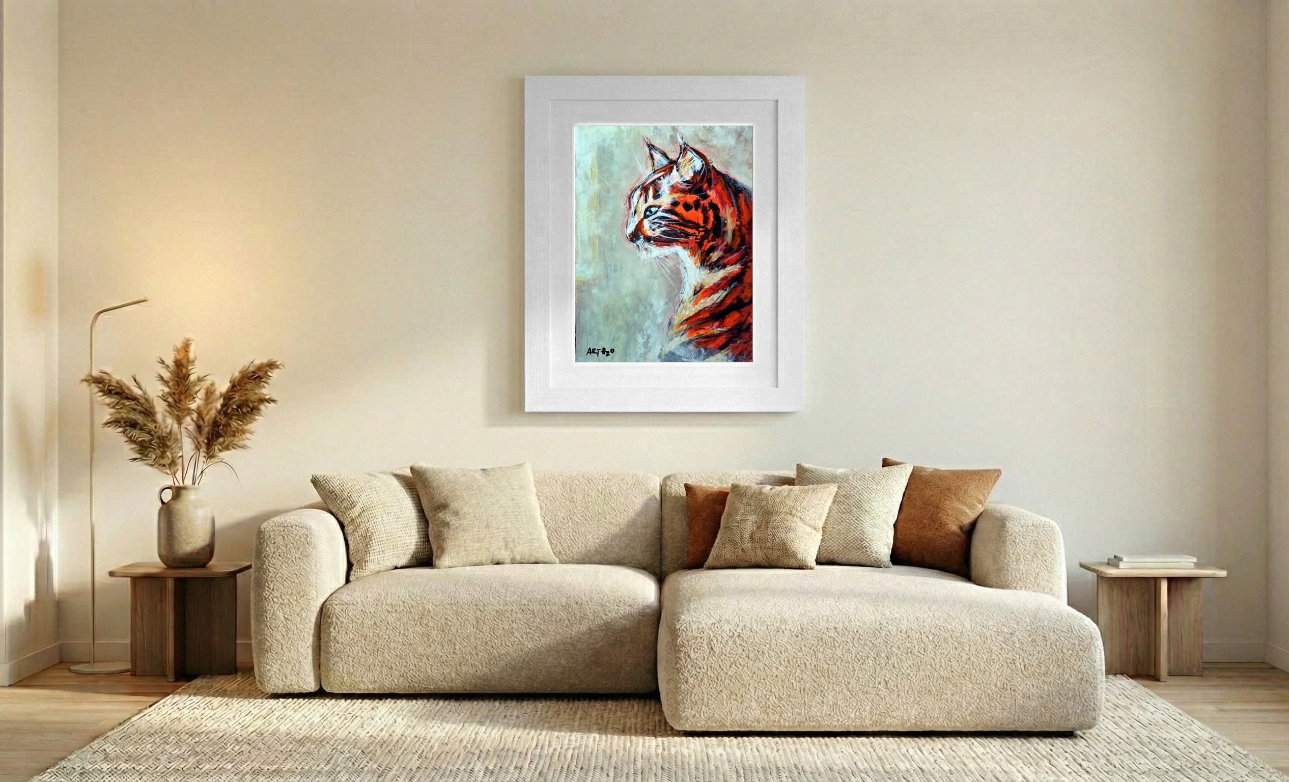 Burnt Orange Cat Portrait in Acrylic — art on the wall, room interior preview 2