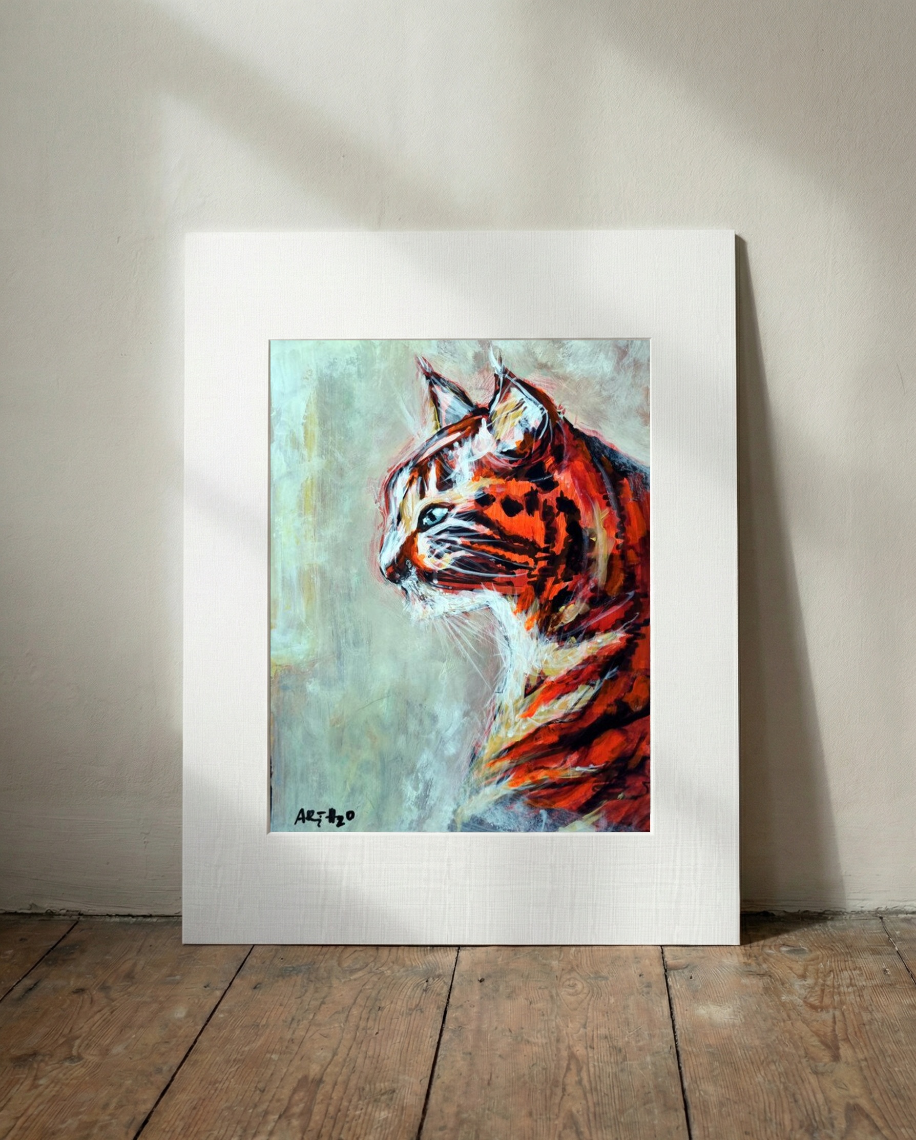 Burnt Orange Cat Portrait in Acrylic — art on the wall, room interior preview 3