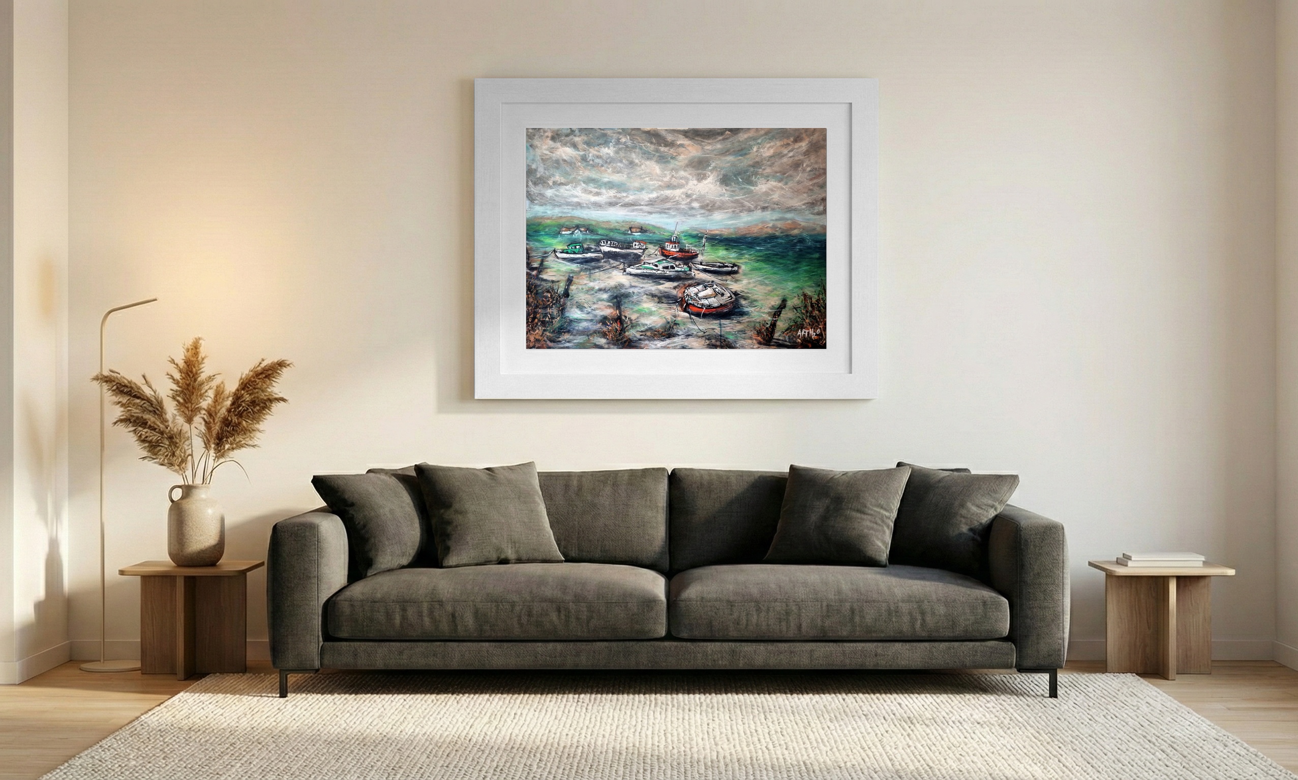 Emerald and Ivory Fishing Boats in Murrisk — art on the wall, room interior preview 1