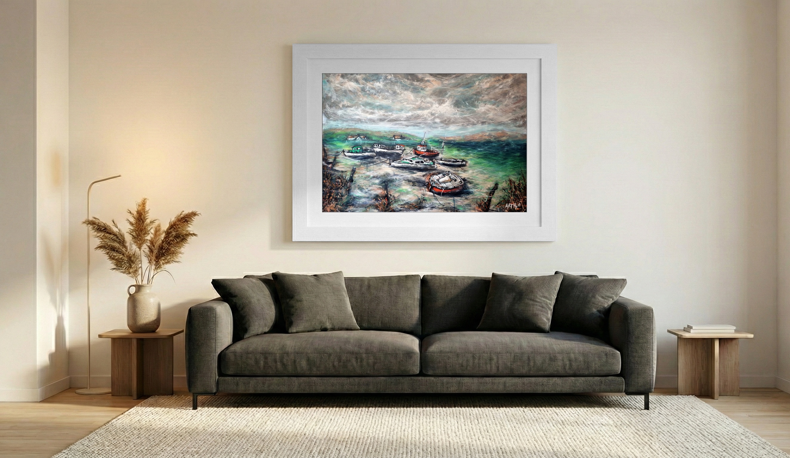 Emerald and Ivory Fishing Boats in Murrisk — art on the wall, room interior preview 2