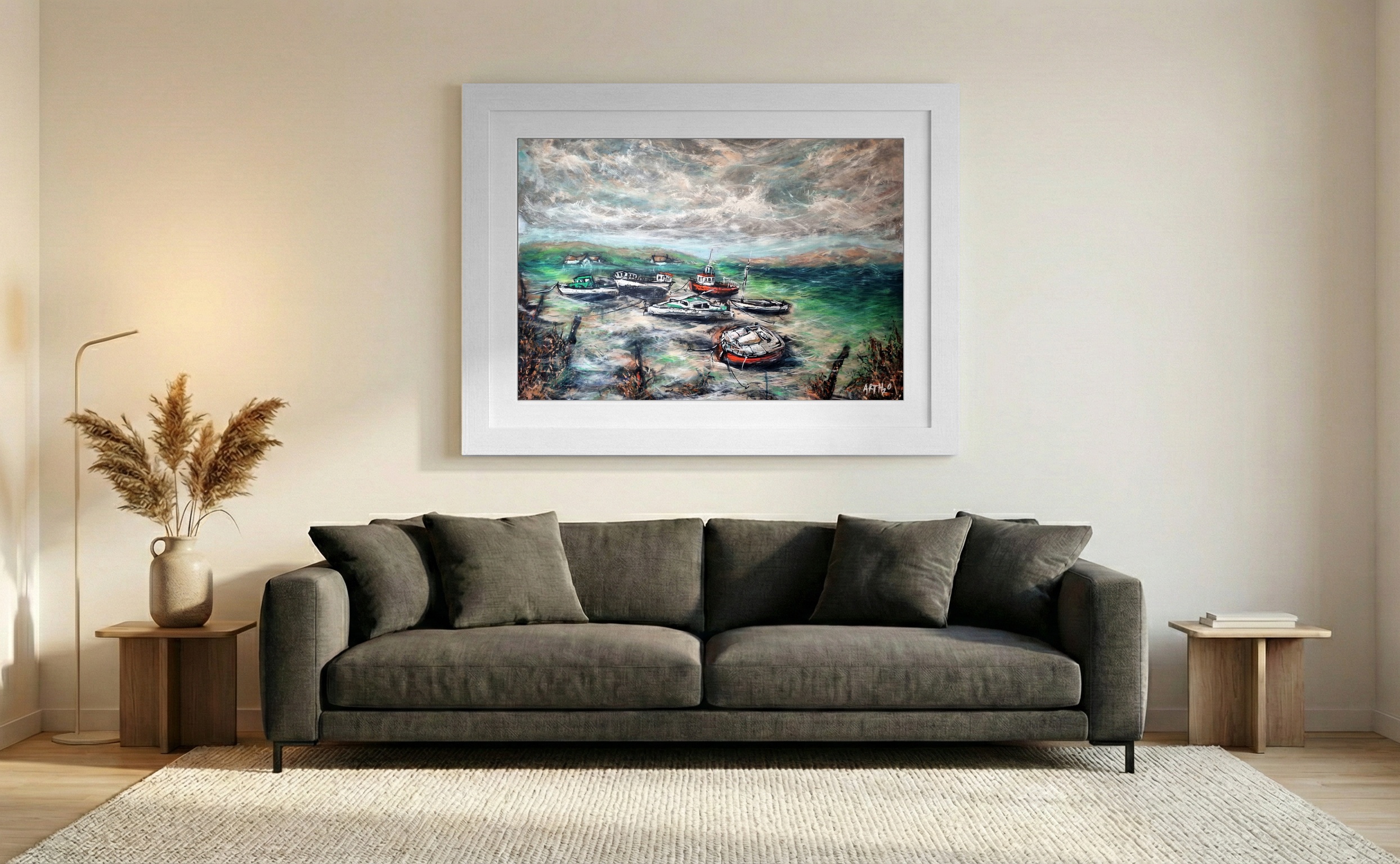 Emerald and Ivory Fishing Boats in Murrisk — art on the wall, room interior preview 3