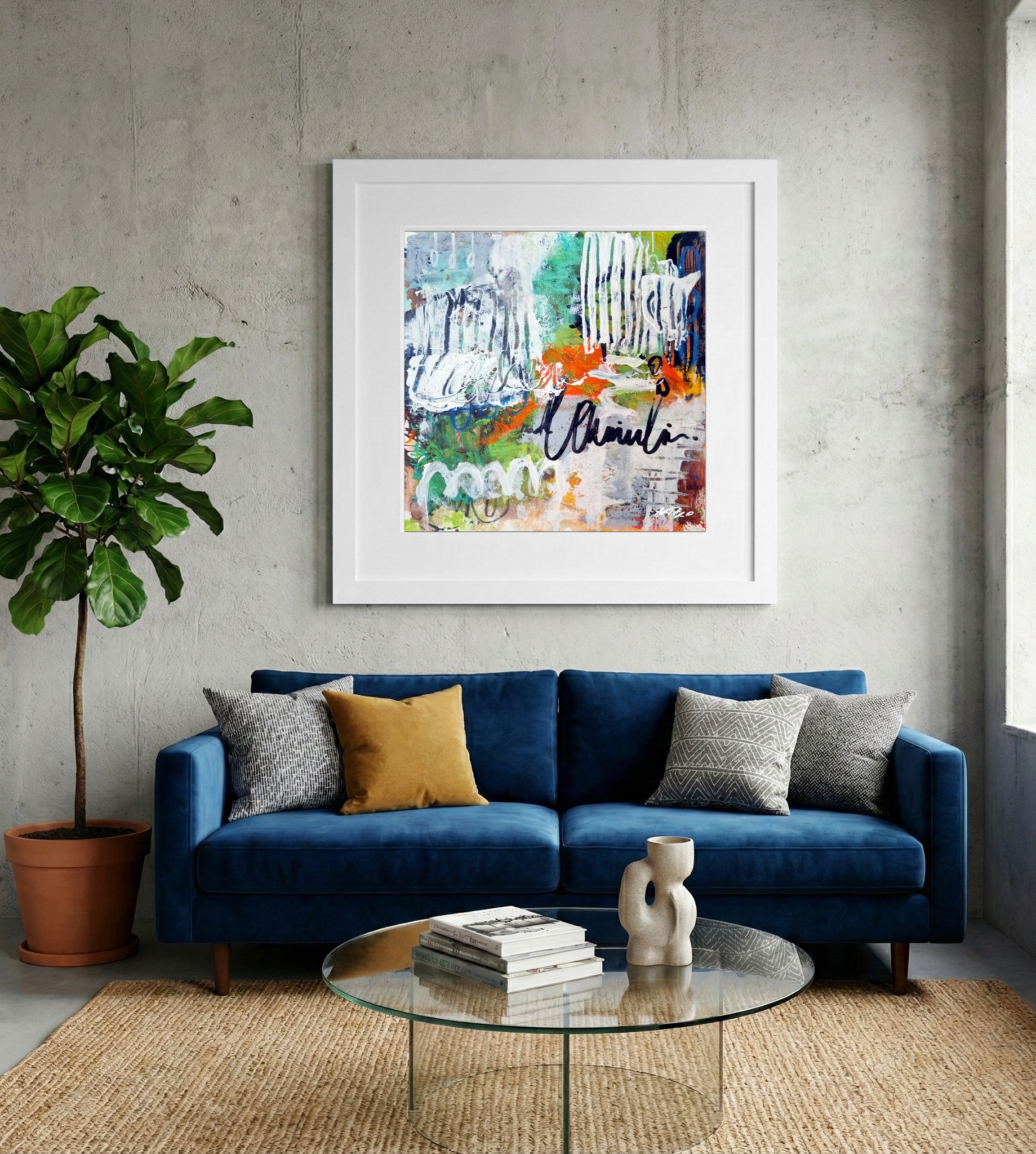 Vibrant Orange and Green Acrylic on Paper — art on the wall, room interior preview 2