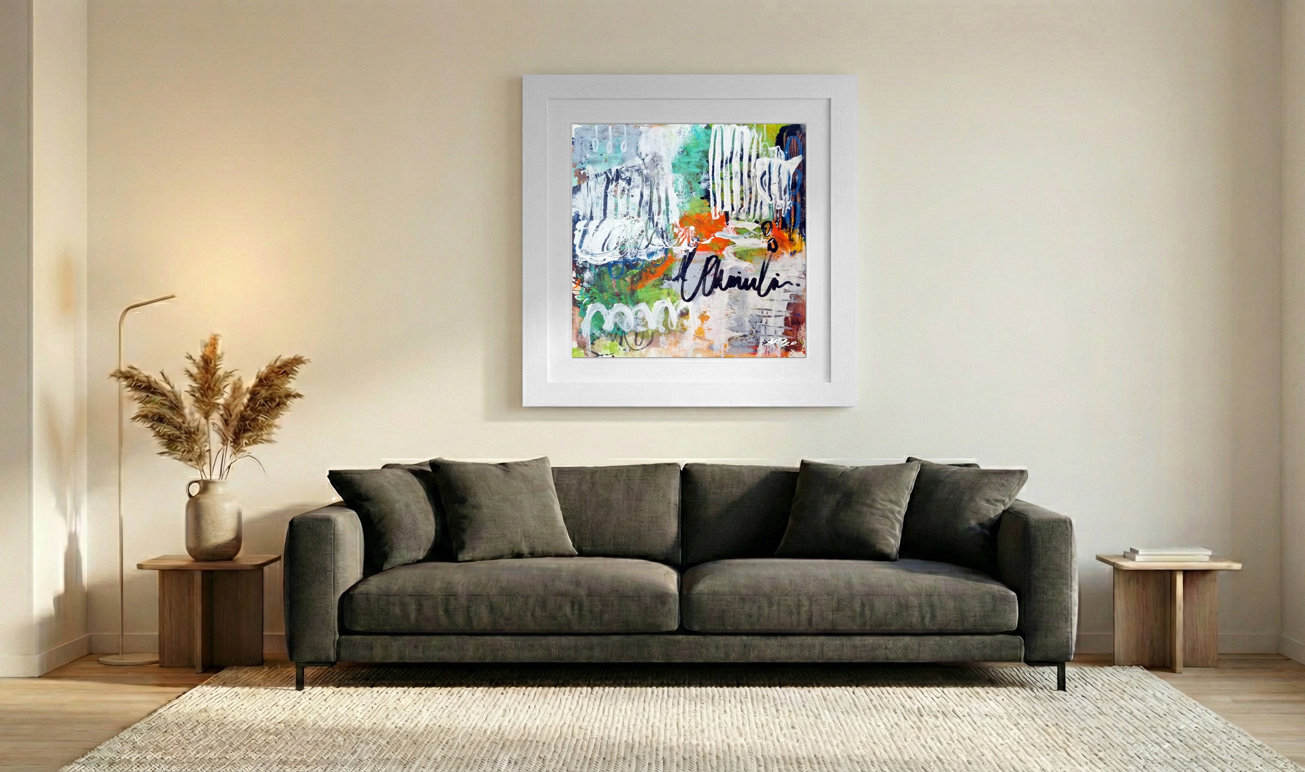 Vibrant Orange and Green Acrylic on Paper — art on the wall, room interior preview 3