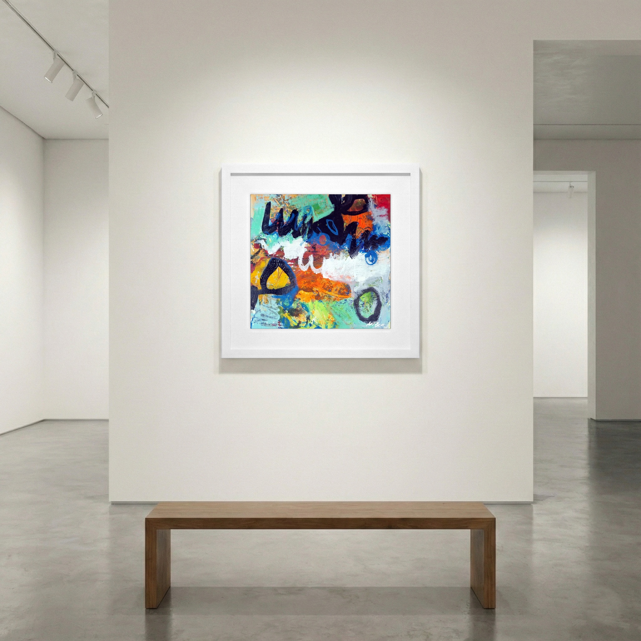 Deep Turquoise and Orange Abstract on Paper — art on the wall, room interior preview 1