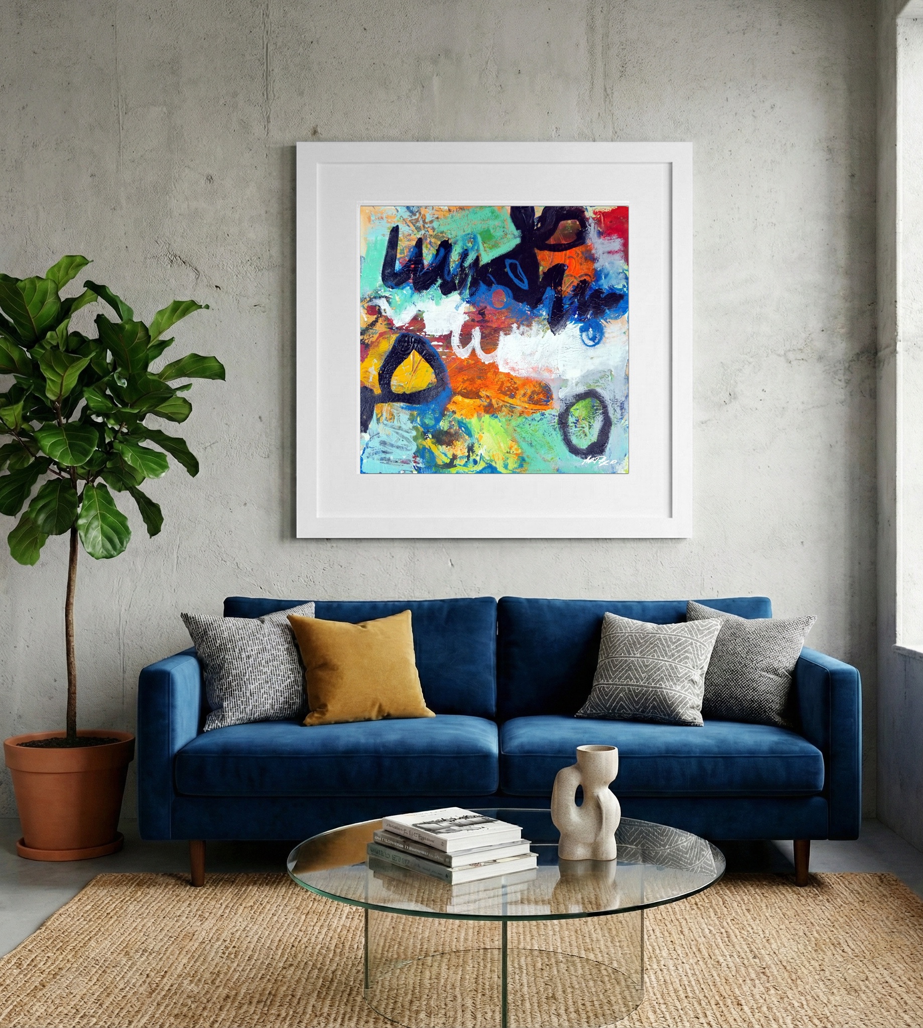 Deep Turquoise and Orange Abstract on Paper — art on the wall, room interior preview 2