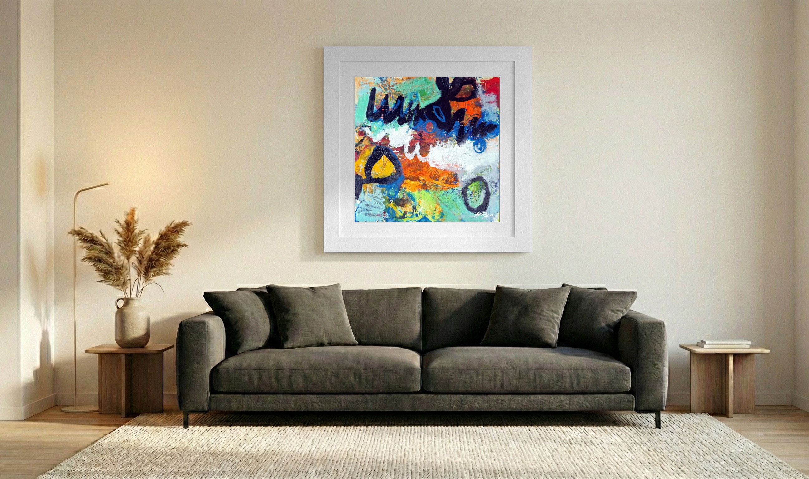 Deep Turquoise and Orange Abstract on Paper — art on the wall, room interior preview 3