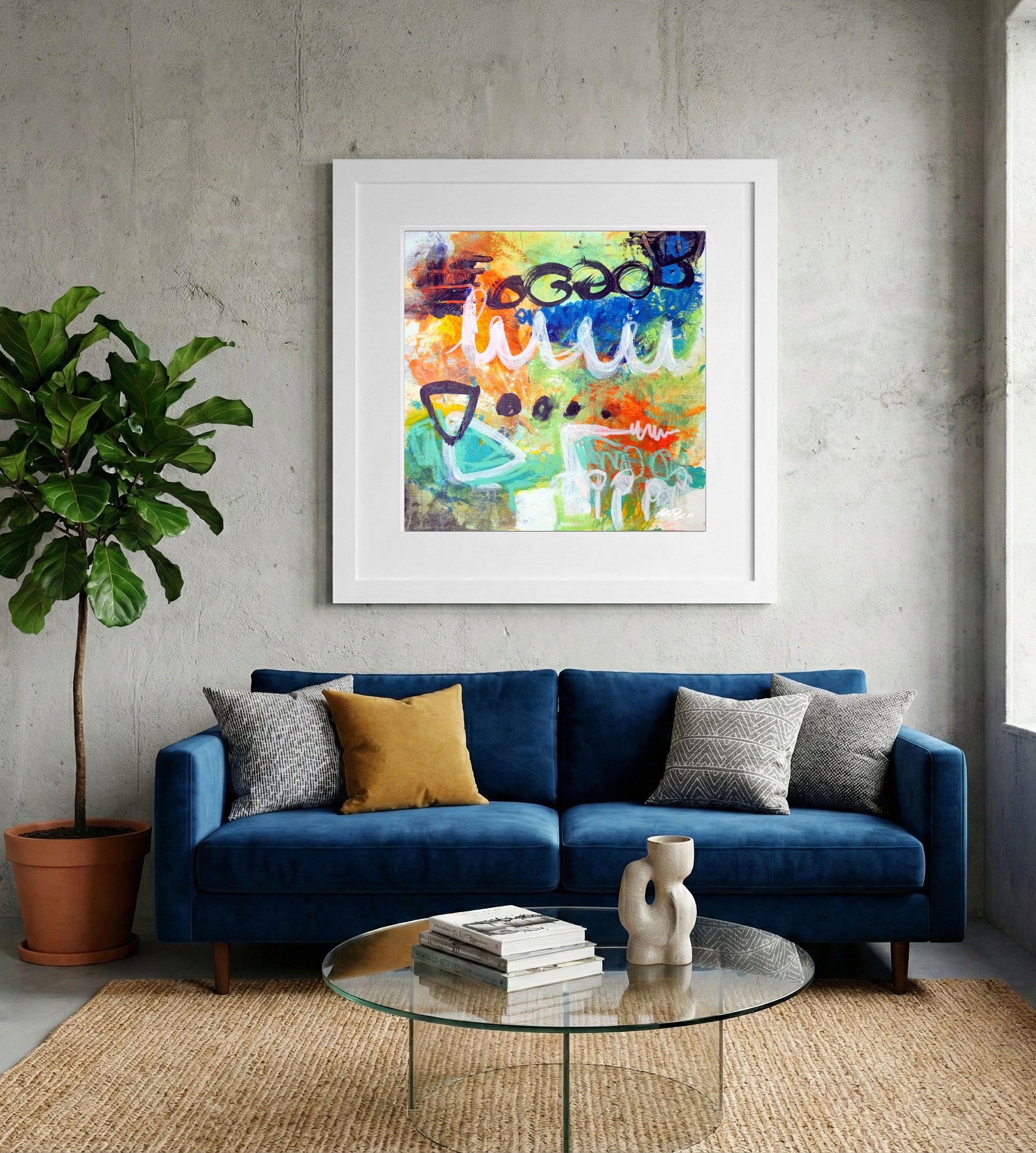 Teal and Orange Abstract on Paper — art on the wall, room interior preview 2