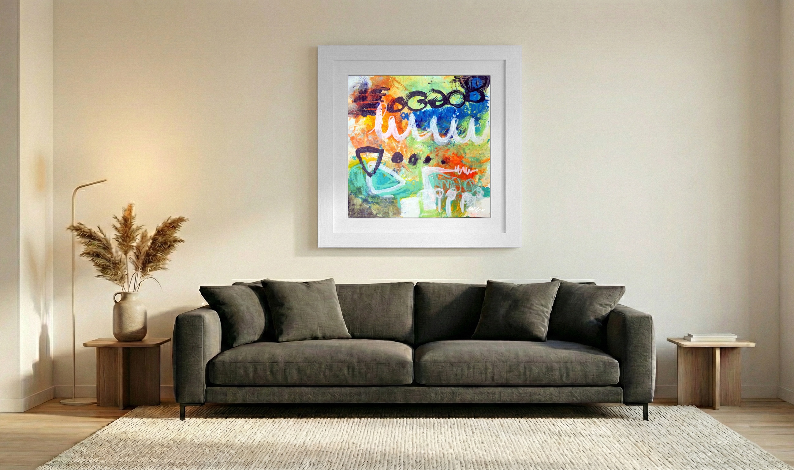 Teal and Orange Abstract on Paper — art on the wall, room interior preview 3