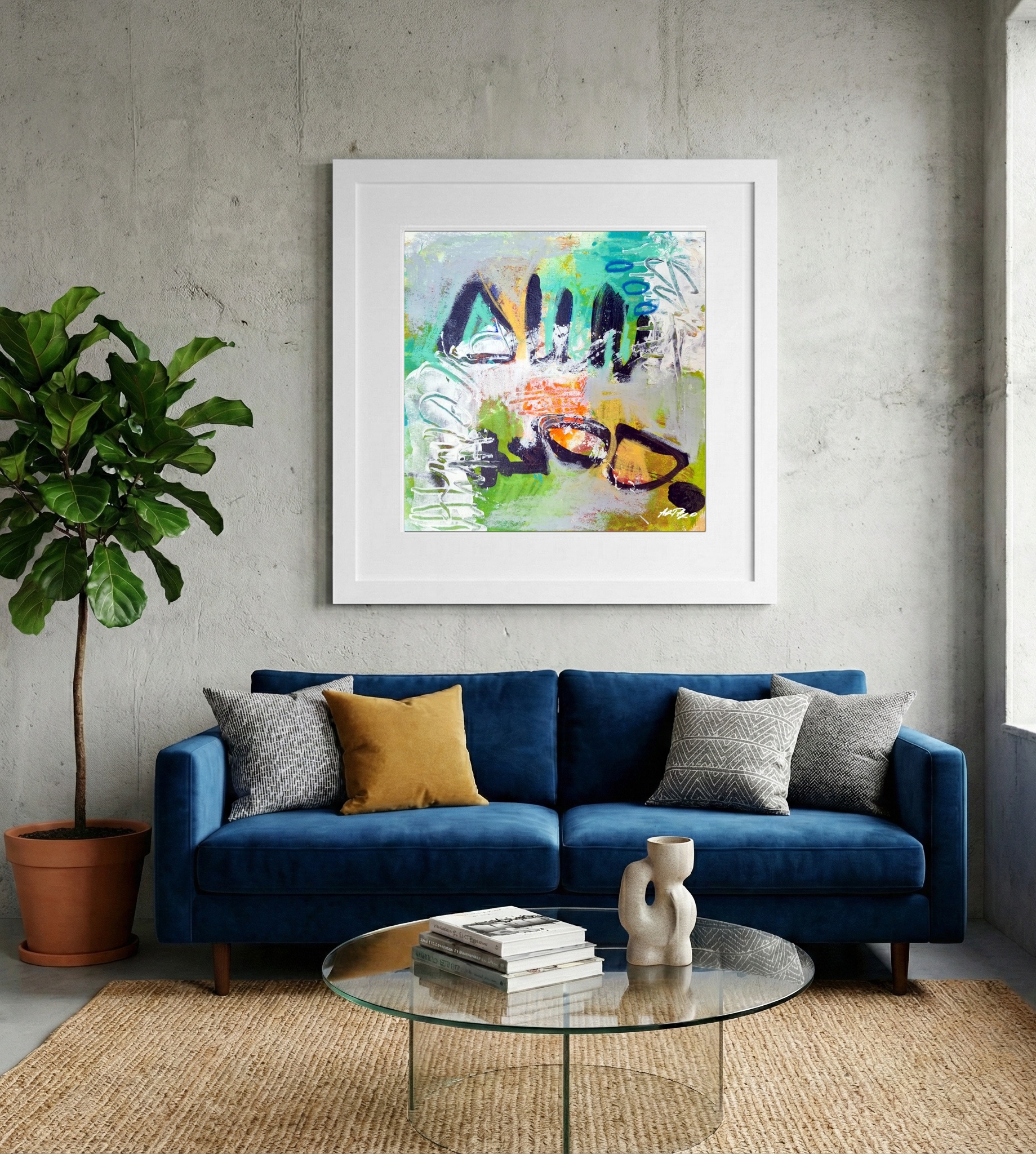 Turquoise and Burnt Sienna Abstract on Paper — art on the wall, room interior preview 2