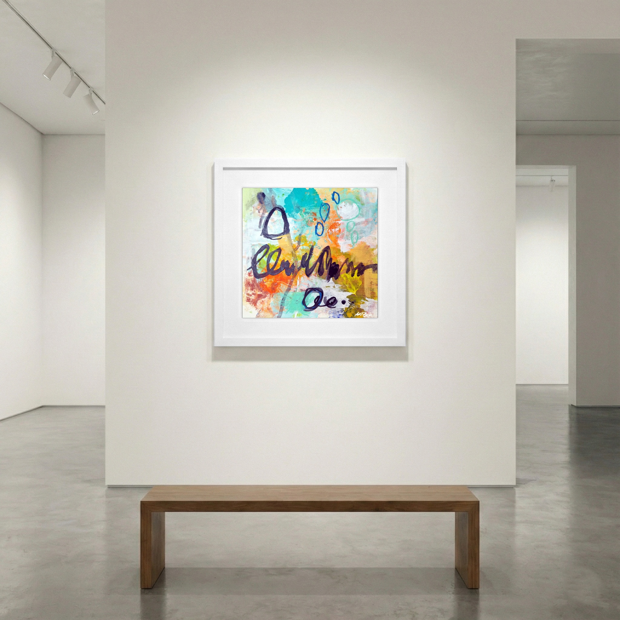 Turquoise and Orange Acrylic Abstract on Paper — art on the wall, room interior preview 1