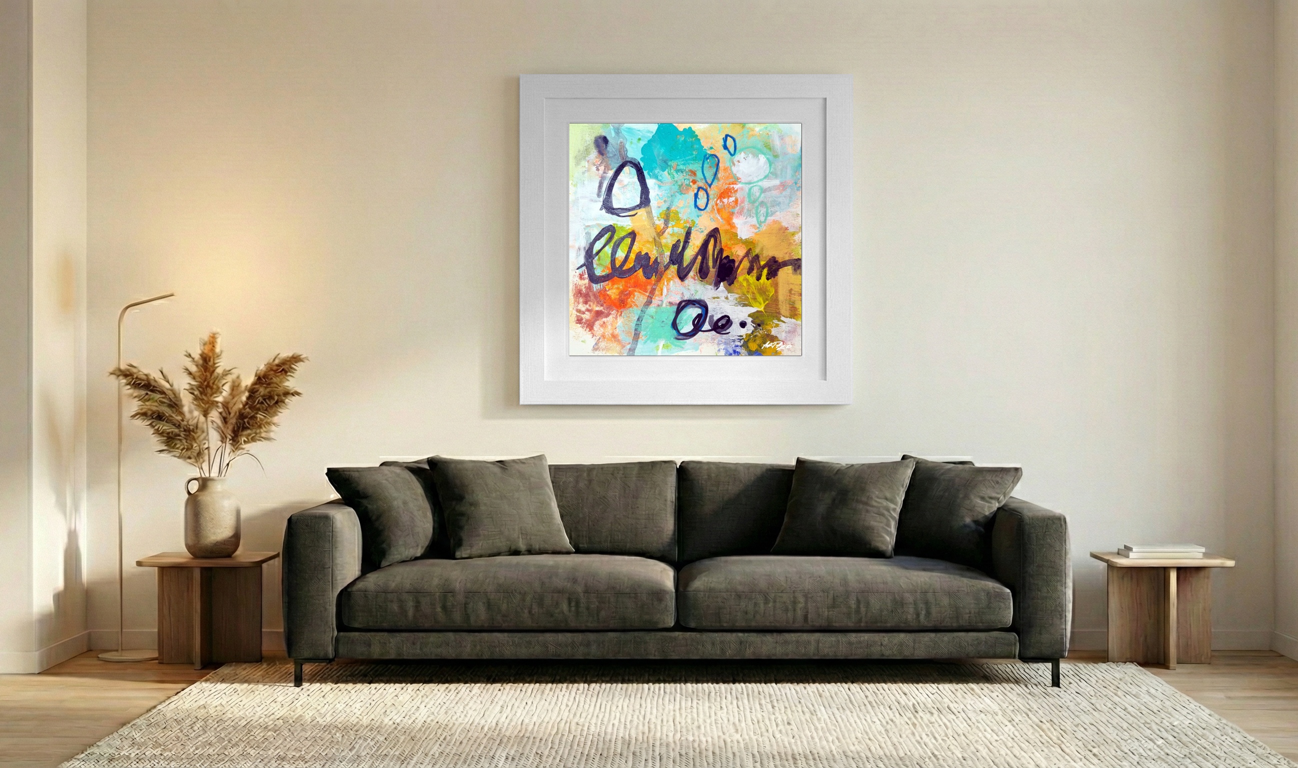 Turquoise and Orange Acrylic Abstract on Paper — art on the wall, room interior preview 3