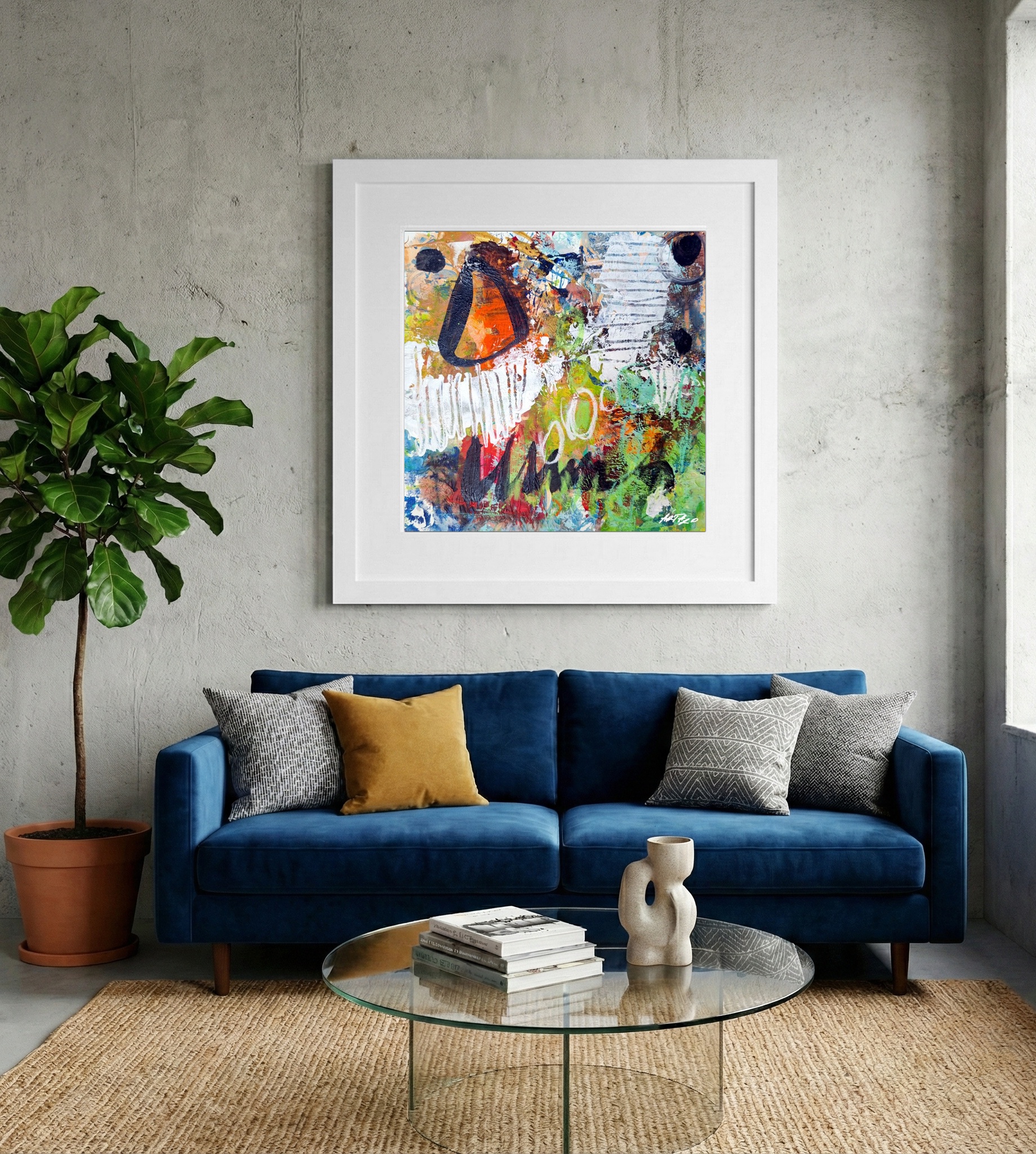 Fiery Orange and Green Abstract on Paper — art on the wall, room interior preview 2
