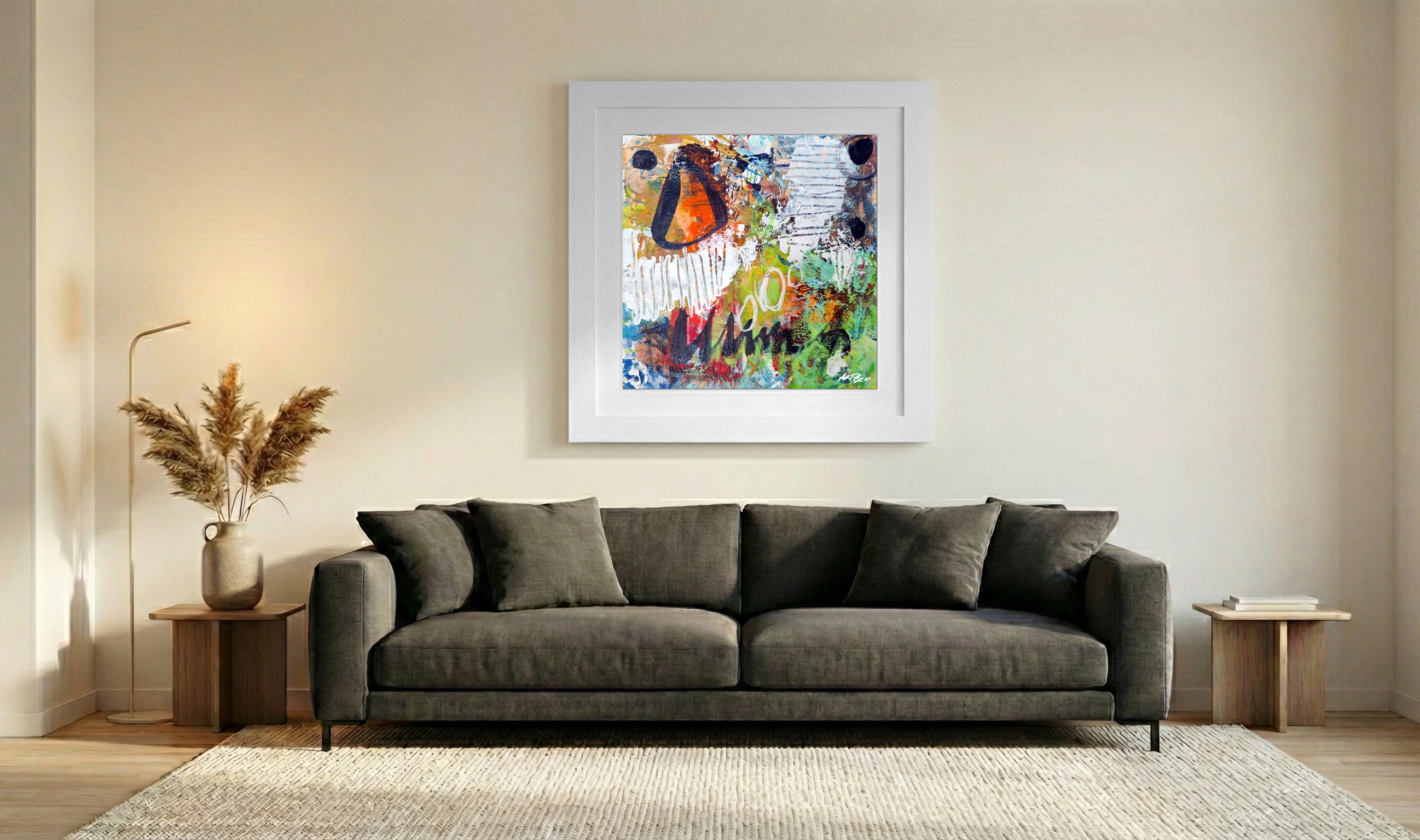 Fiery Orange and Green Abstract on Paper — art on the wall, room interior preview 3